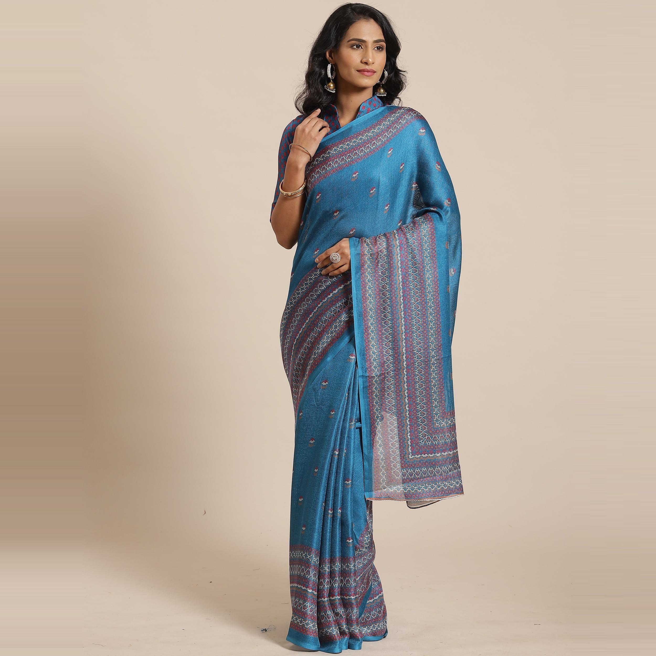 Fantastic Teal Blue Colored Casual Wear Printed Jute Silk Saree - Peachmode