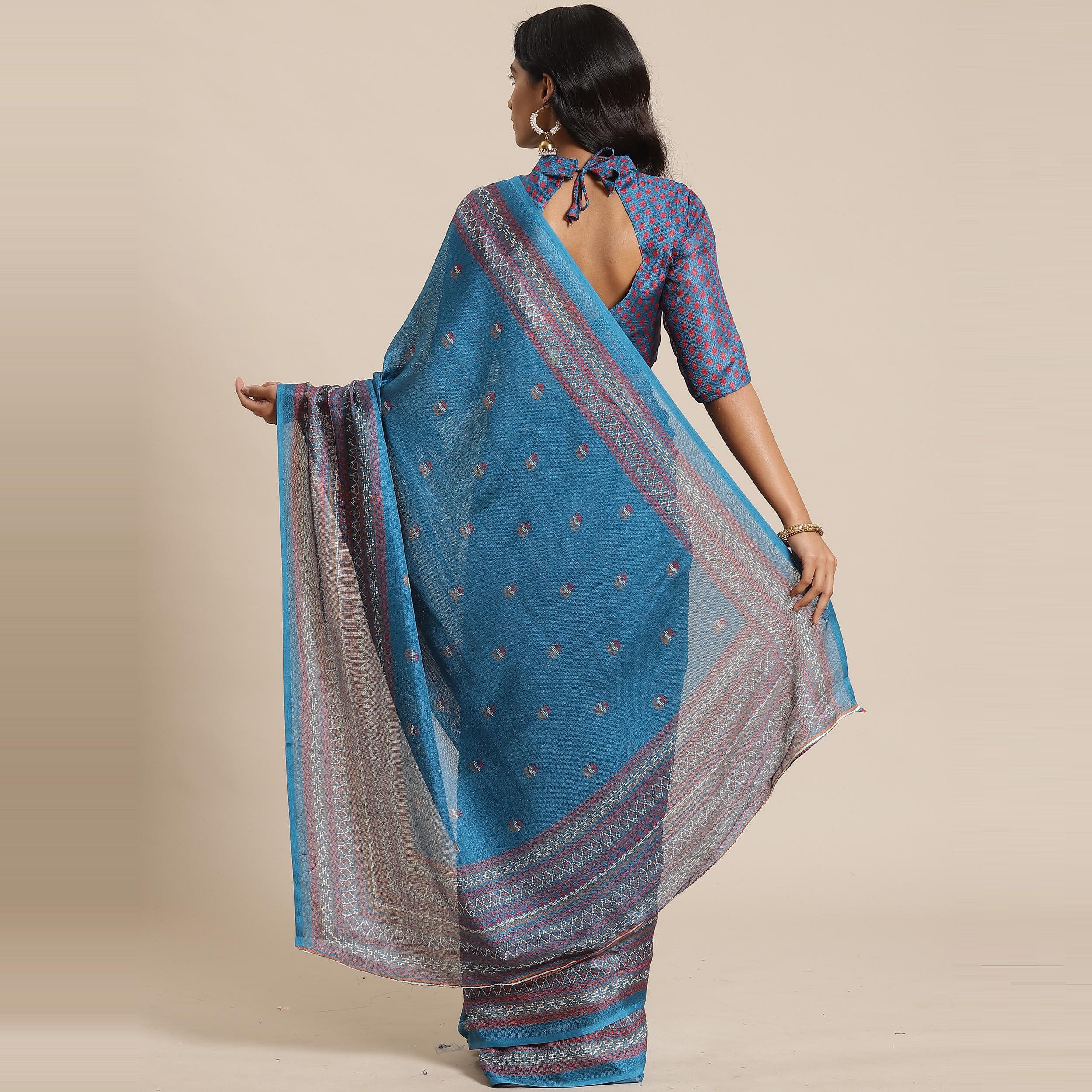 Fantastic Teal Blue Colored Casual Wear Printed Jute Silk Saree - Peachmode