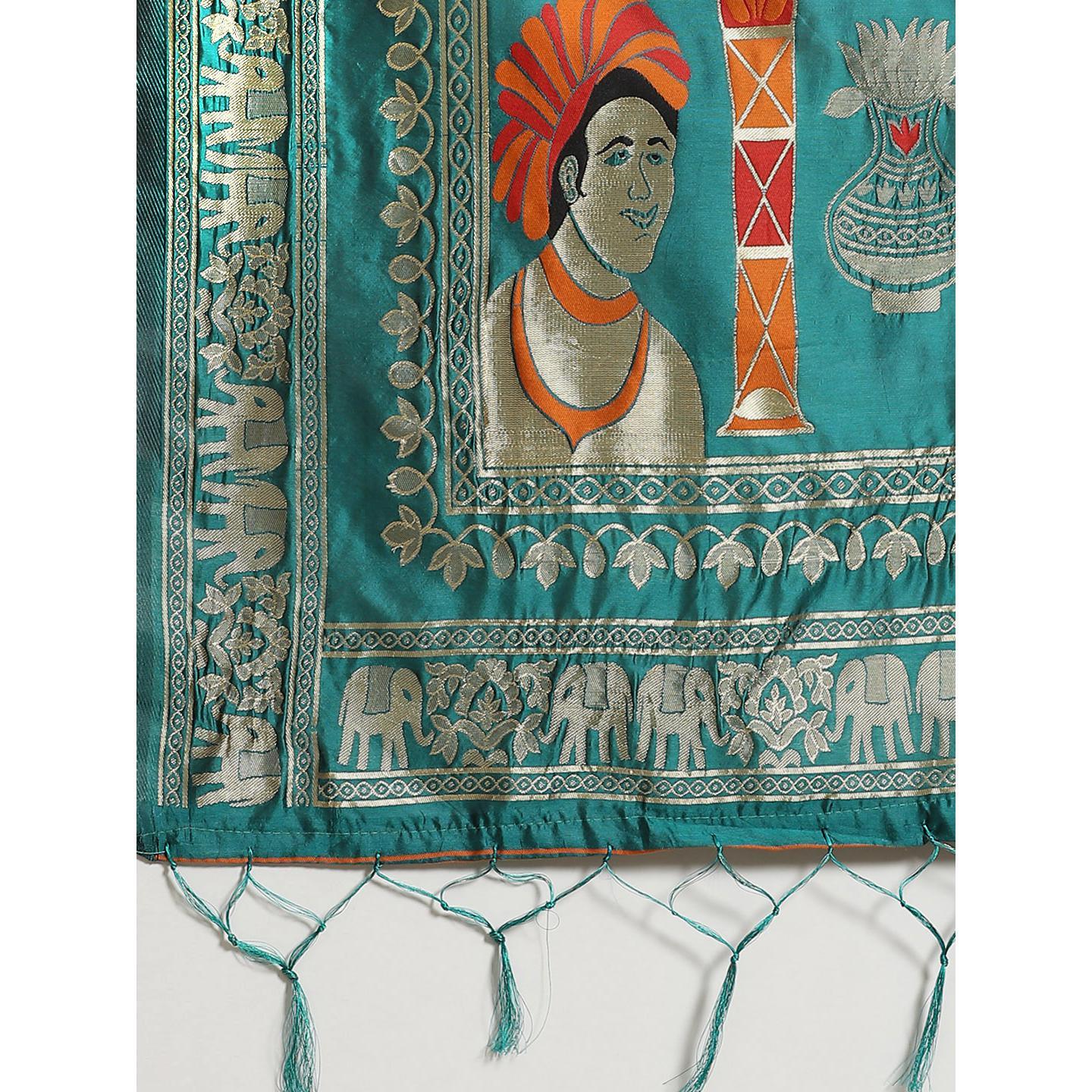 Fantastic Teal Green Colored Festive Wear Woven Silk Blend Saree - Peachmode