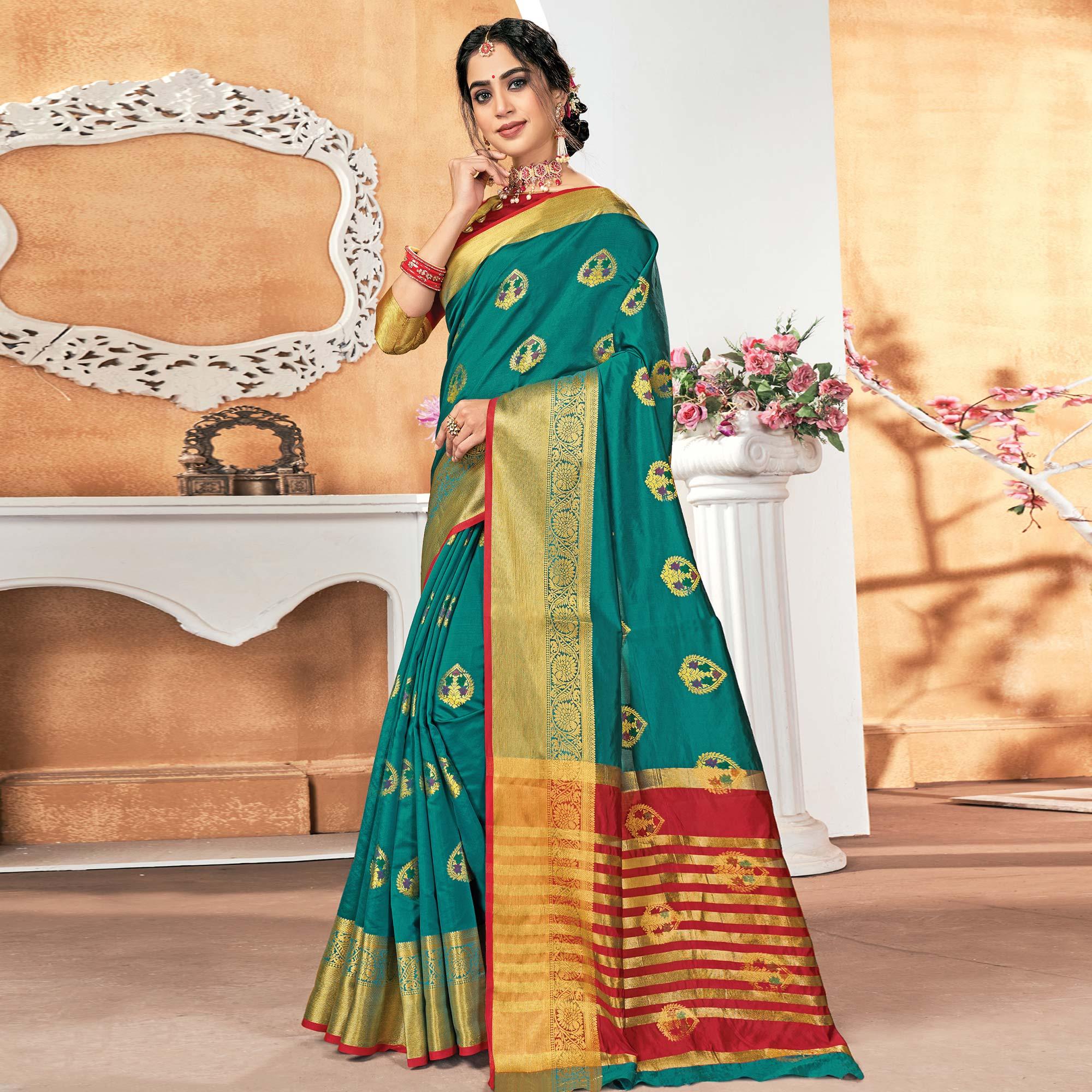 Fantastic Turquoise Blue Colored Festive Wear Woven Silk Saree - Peachmode