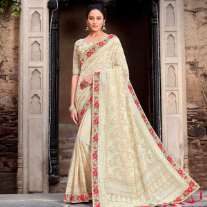 Fantastic White Colored Partywear Embroidered Satin - Gerogette Saree - Peachmode