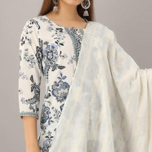 Fantastic White Colored Partywear Printed Cotton Kurti - Palazzo Set With Dupatta - Peachmode