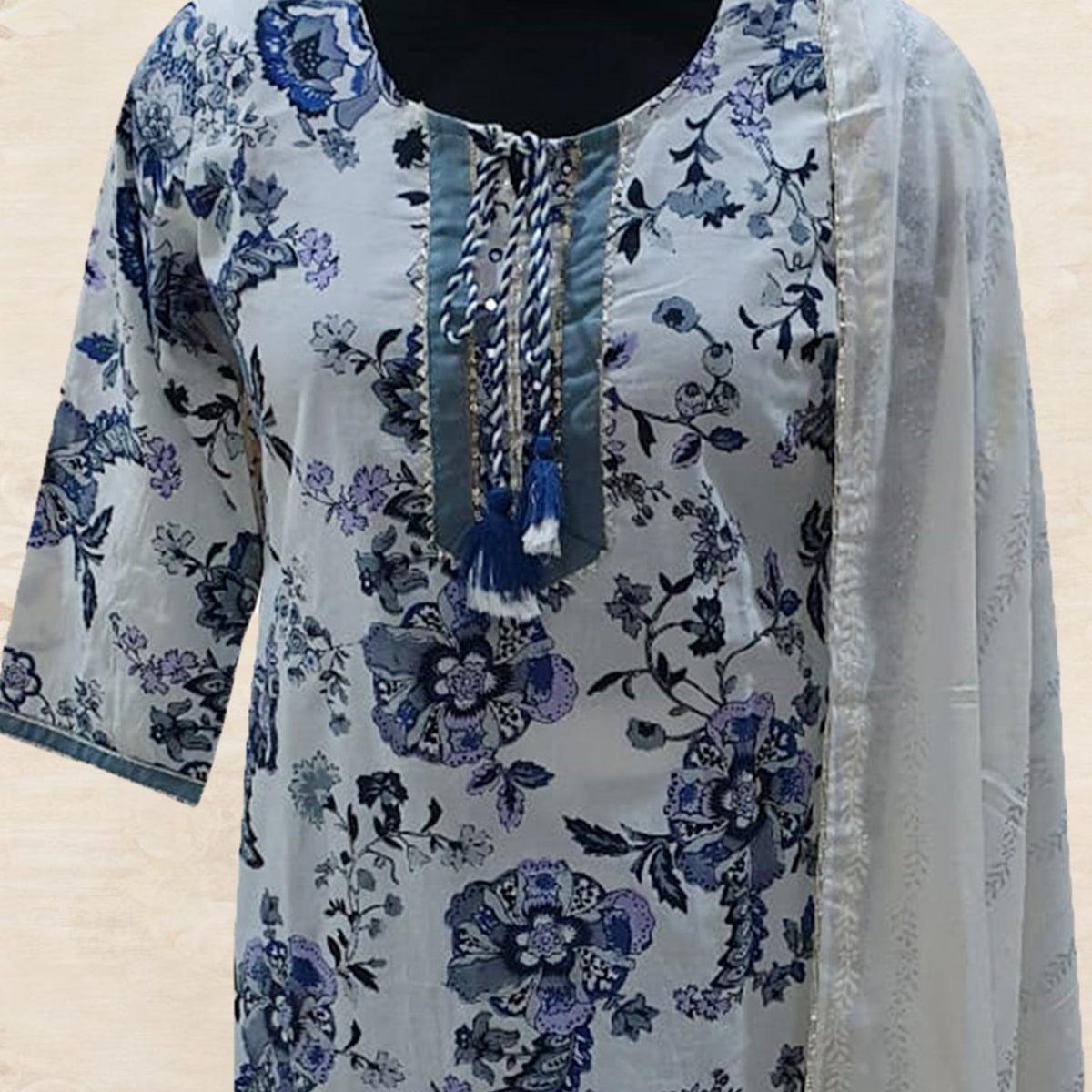 Fantastic White Colored Partywear Printed Cotton Kurti - Palazzo Set With Dupatta - Peachmode