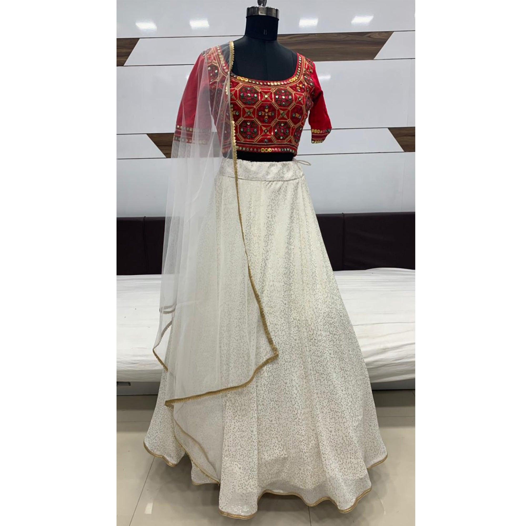 Fantastic White-Rani Colored Wedding Wear Metalic Foil Work Georgette Lehenga Choli - Peachmode
