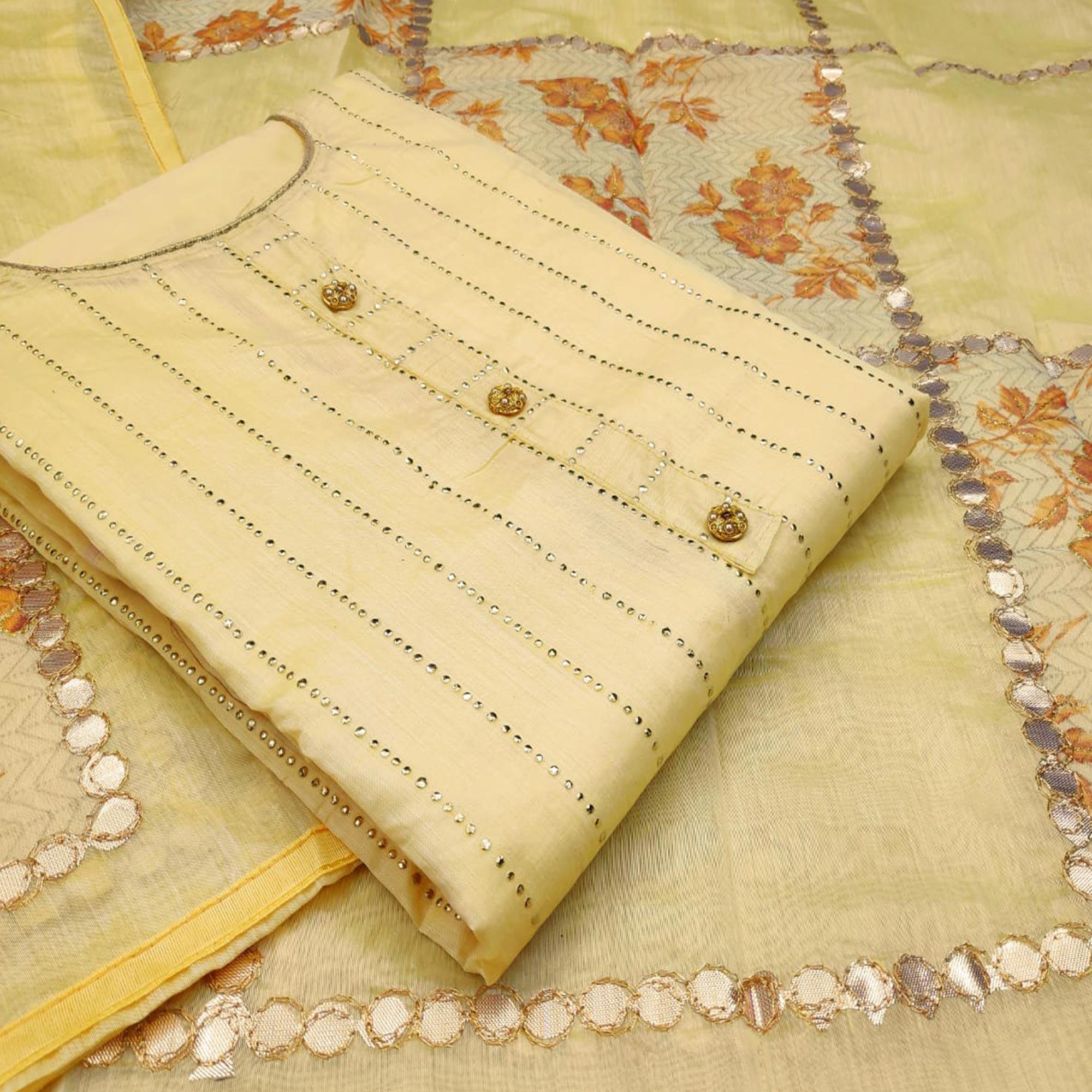 Fantastic Yellow Colored Casual Wear Embroidered Modal Silk Dress Material - Peachmode