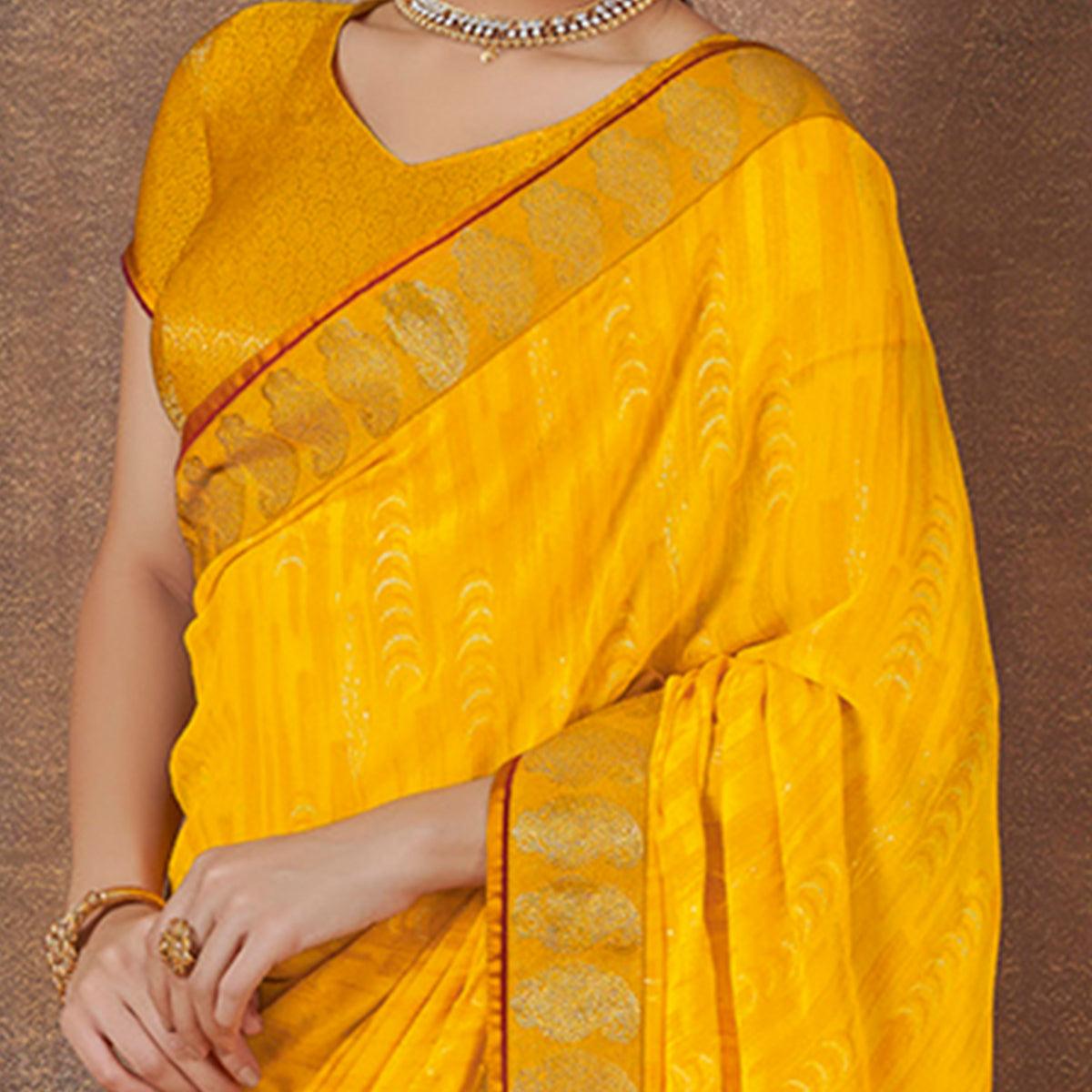 Fantastic Yellow Colored Festive Wear Foil Printed Georgette Saree - Peachmode