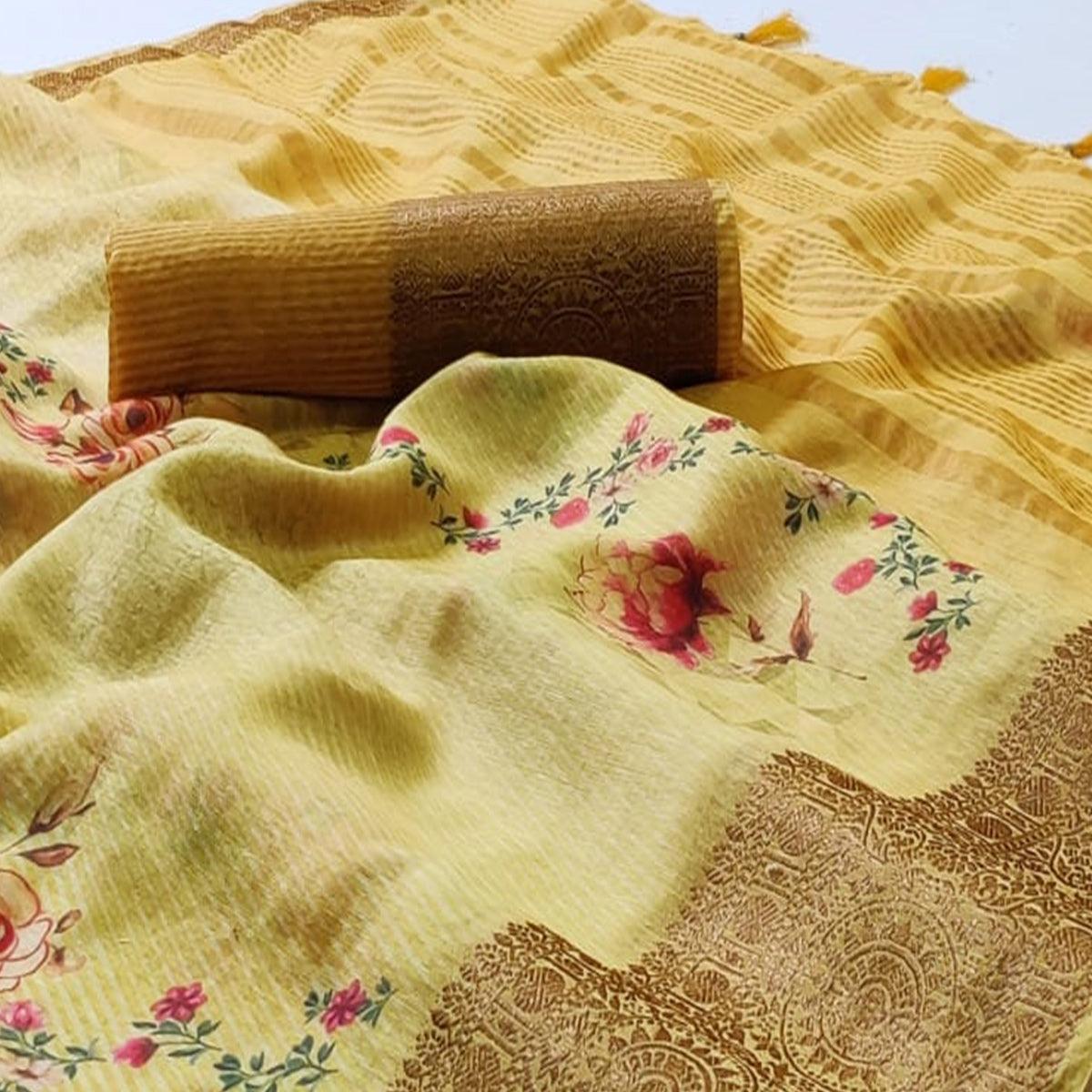 Fantastic Yellow Colored Festive Wear Woven Banarasi Silk Saree - Peachmode