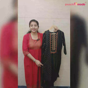 Black Printed With Embroidered Rayon Palazzo Suit