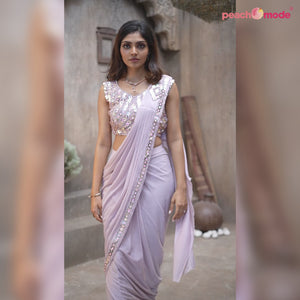 Purple Sequins Embroidered Stitched Art Silk Ready to Wear Saree