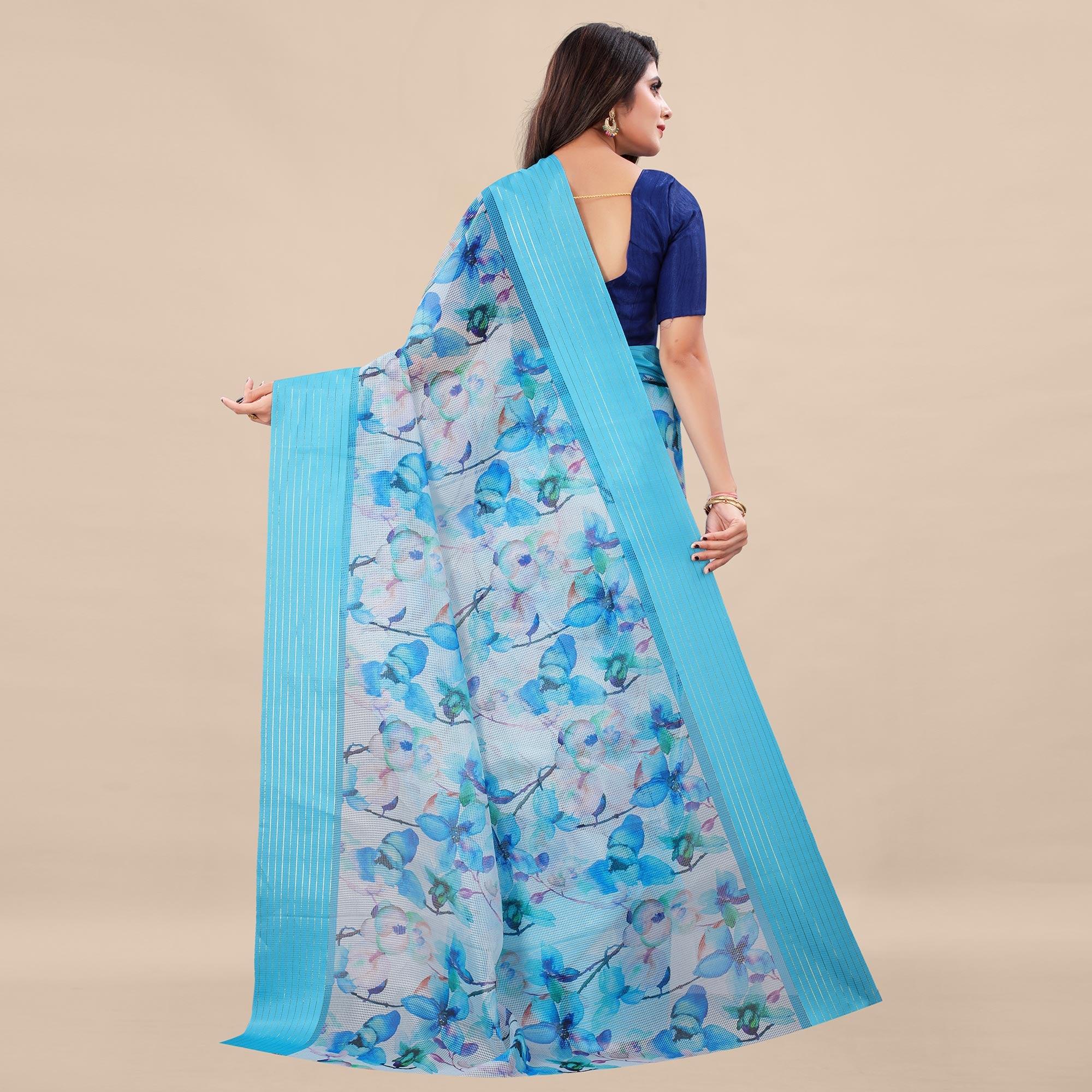 Feorzi Casual Wear Floral Digital Printed Silk Saree With Woven Border - Peachmode