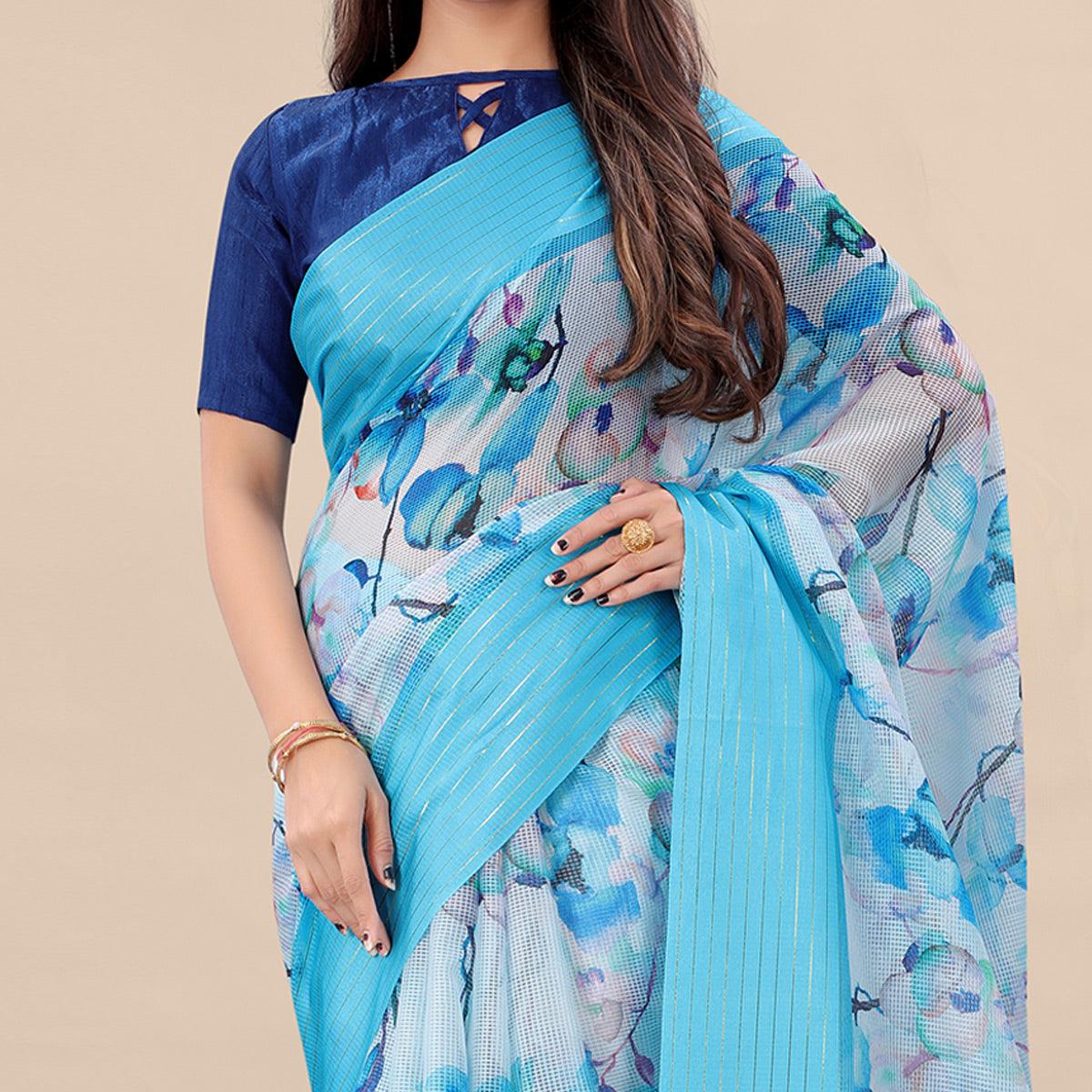 Feorzi Casual Wear Floral Digital Printed Silk Saree With Woven Border - Peachmode