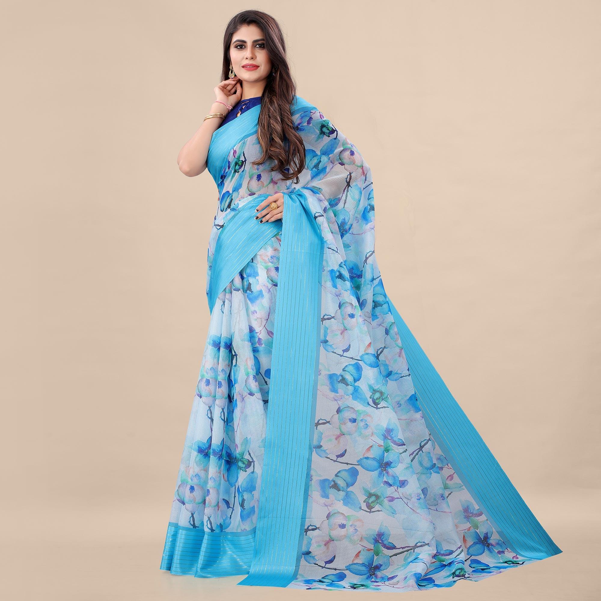 Feorzi Casual Wear Floral Digital Printed Silk Saree With Woven Border - Peachmode