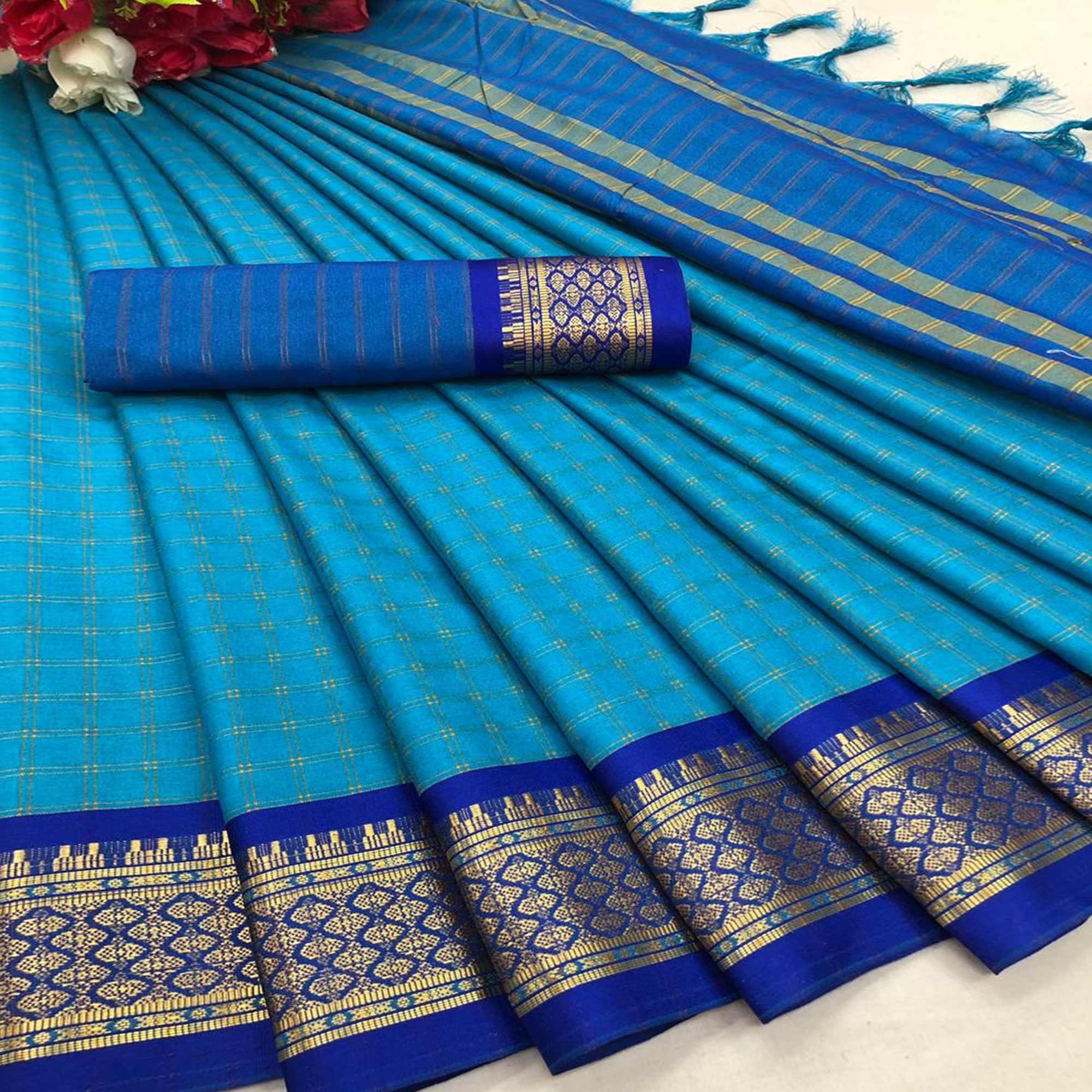 Ferozi Blue Festive Wear Checks With Woven Border Cotton Silk Saree - Peachmode