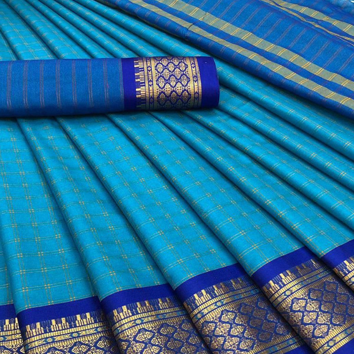 Ferozi Blue Festive Wear Checks With Woven Border Cotton Silk Saree - Peachmode