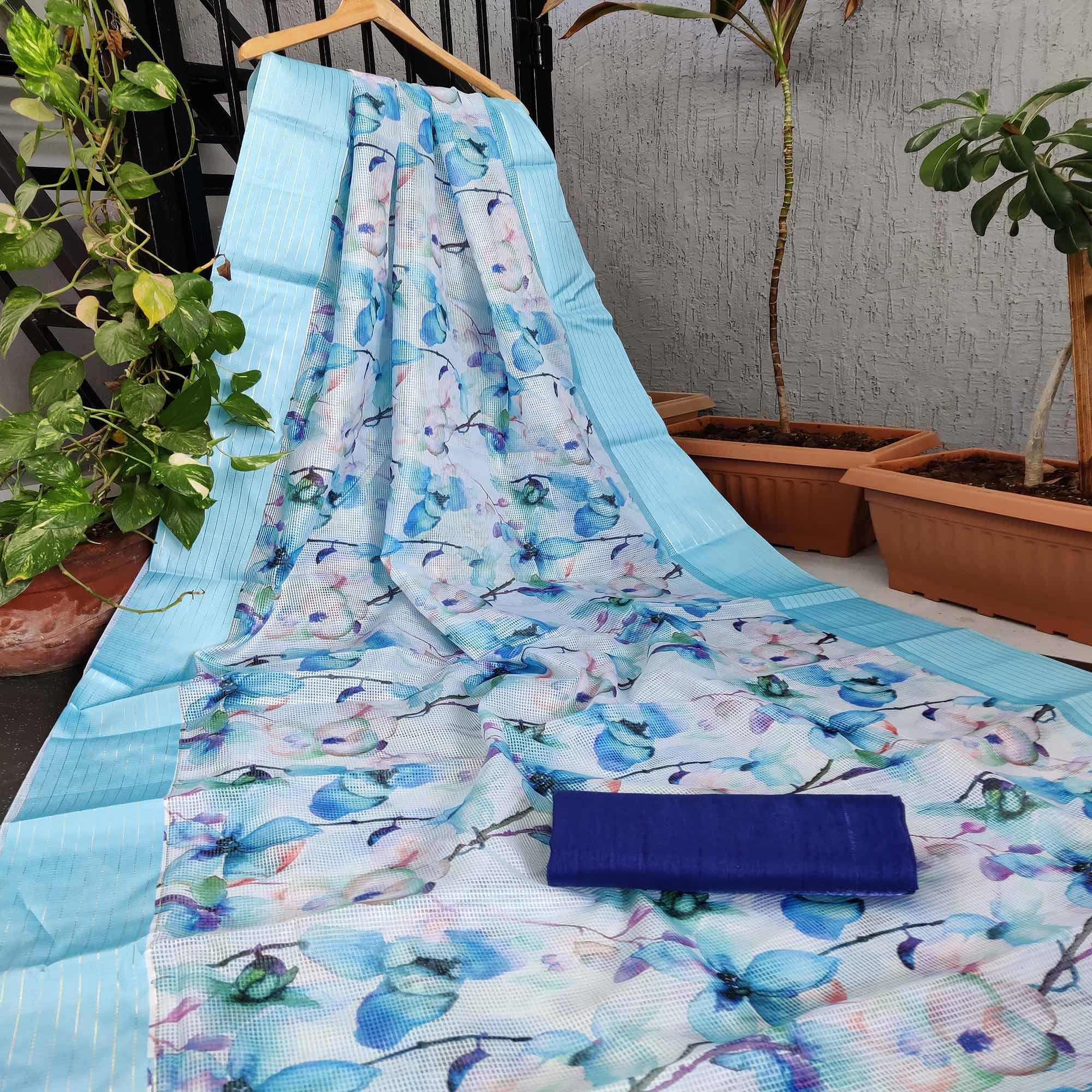 Ferozi Festive Wear Floral Digital Print With Woven Border Silk Saree - Peachmode