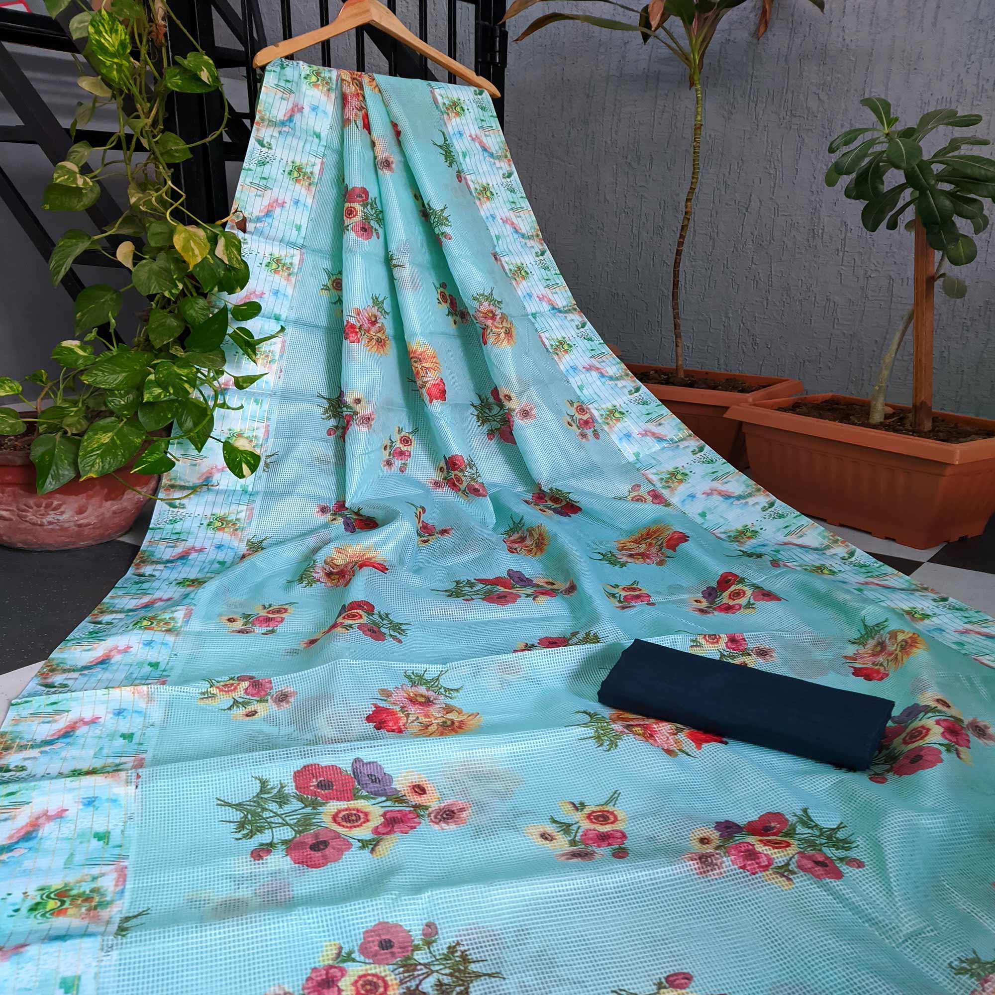 Ferozi Festive Wear Floral Digital Print With Woven Border Silk Saree - Peachmode