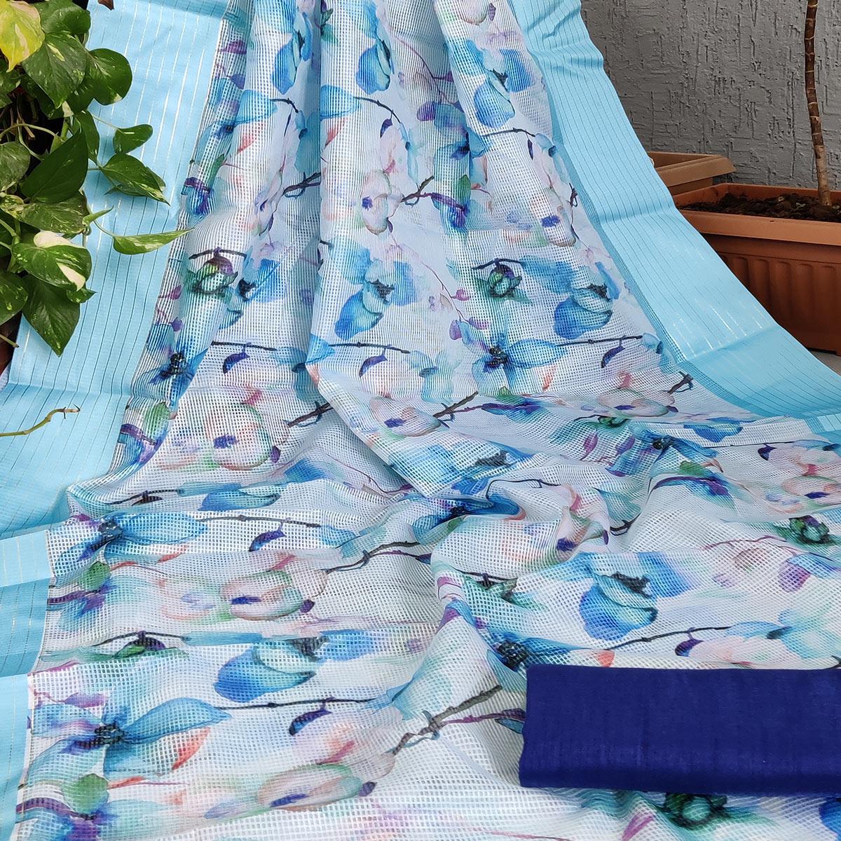 Ferozi Festive Wear Floral Digital Print With Woven Border Silk Saree - Peachmode