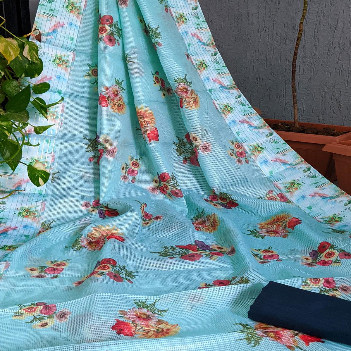 Ferozi Festive Wear Floral Digital Print With Woven Border Silk Saree - Peachmode