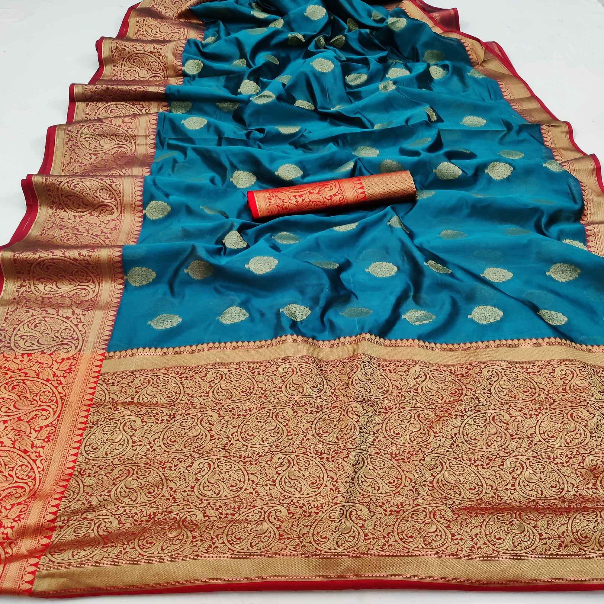 Ferozi Festive Wear Woven Silk Saree - Peachmode