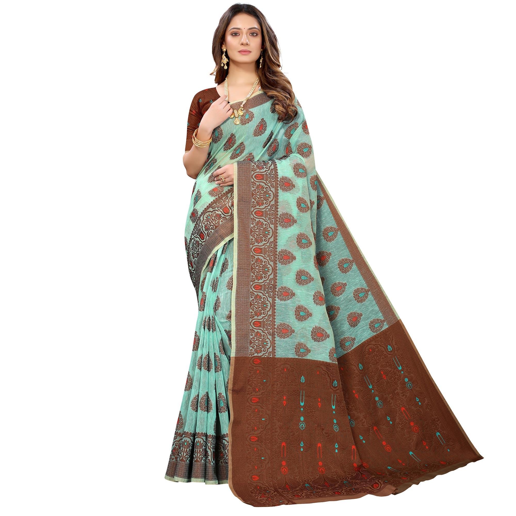 Ferozi  Festive Wear Woven With Meena Butta Rich Pallu Cotton Saree - Peachmode