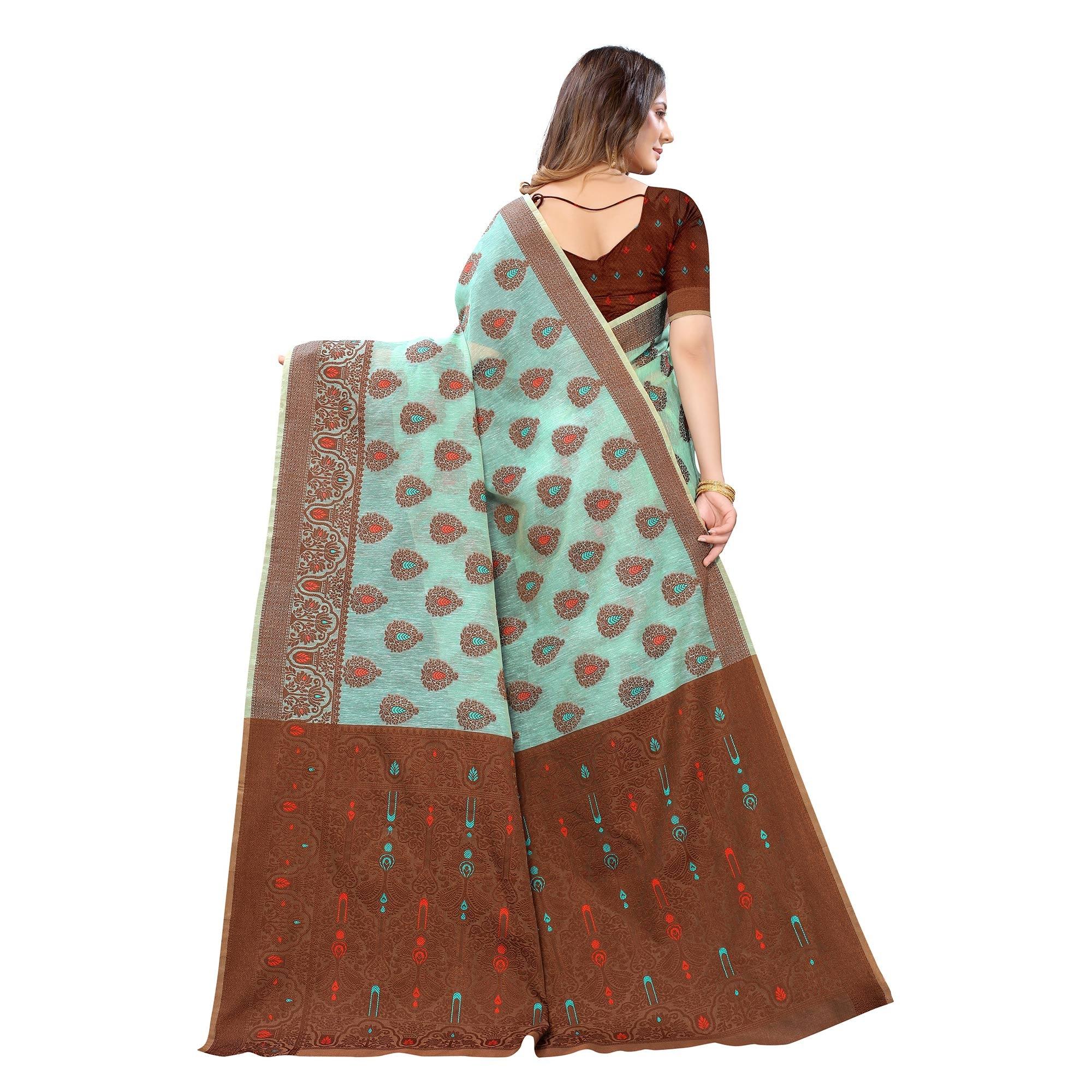 Ferozi  Festive Wear Woven With Meena Butta Rich Pallu Cotton Saree - Peachmode