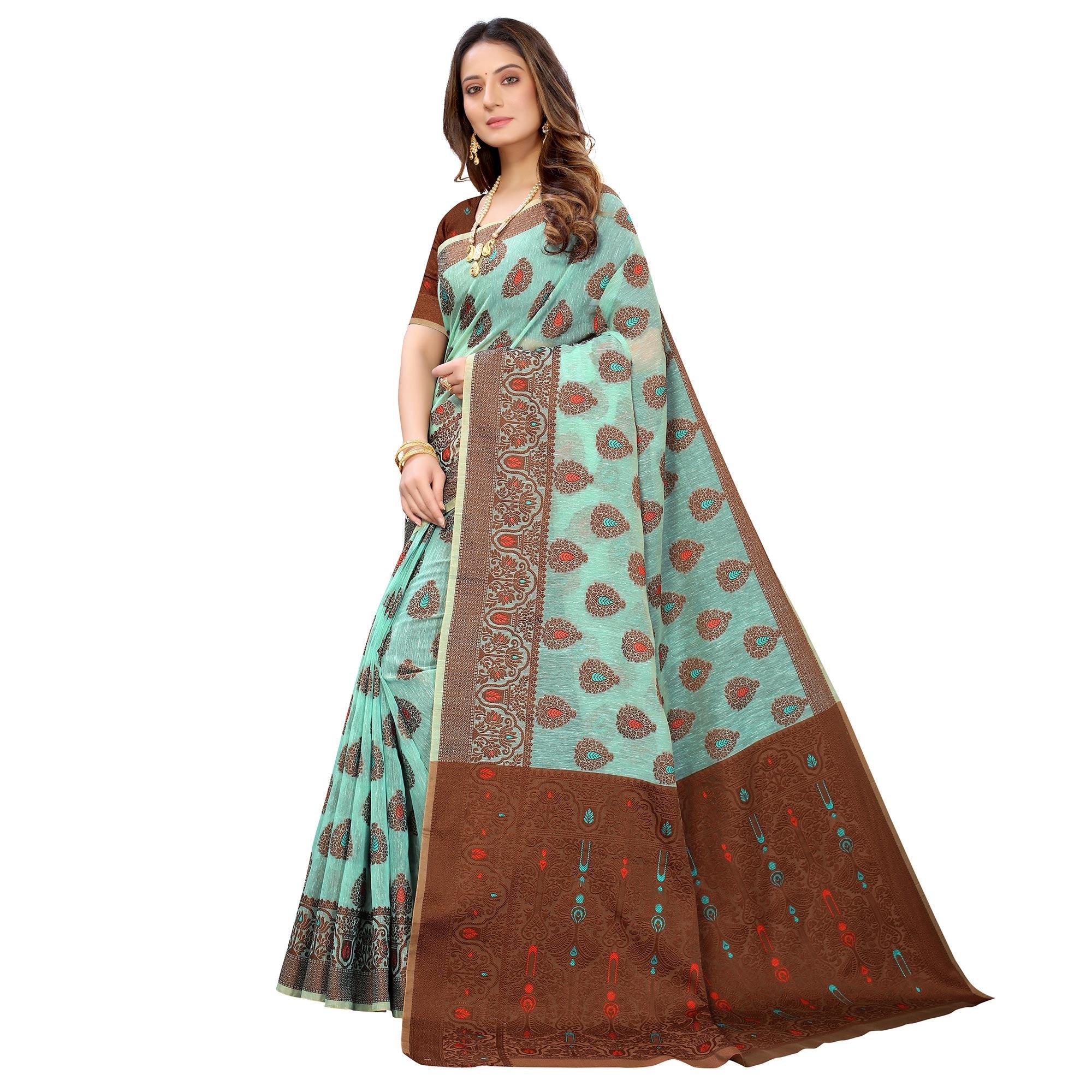 Ferozi  Festive Wear Woven With Meena Butta Rich Pallu Cotton Saree - Peachmode