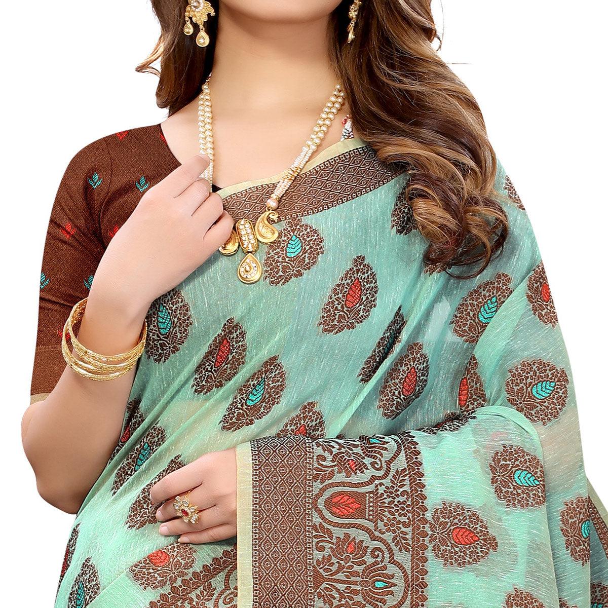 Ferozi  Festive Wear Woven With Meena Butta Rich Pallu Cotton Saree - Peachmode