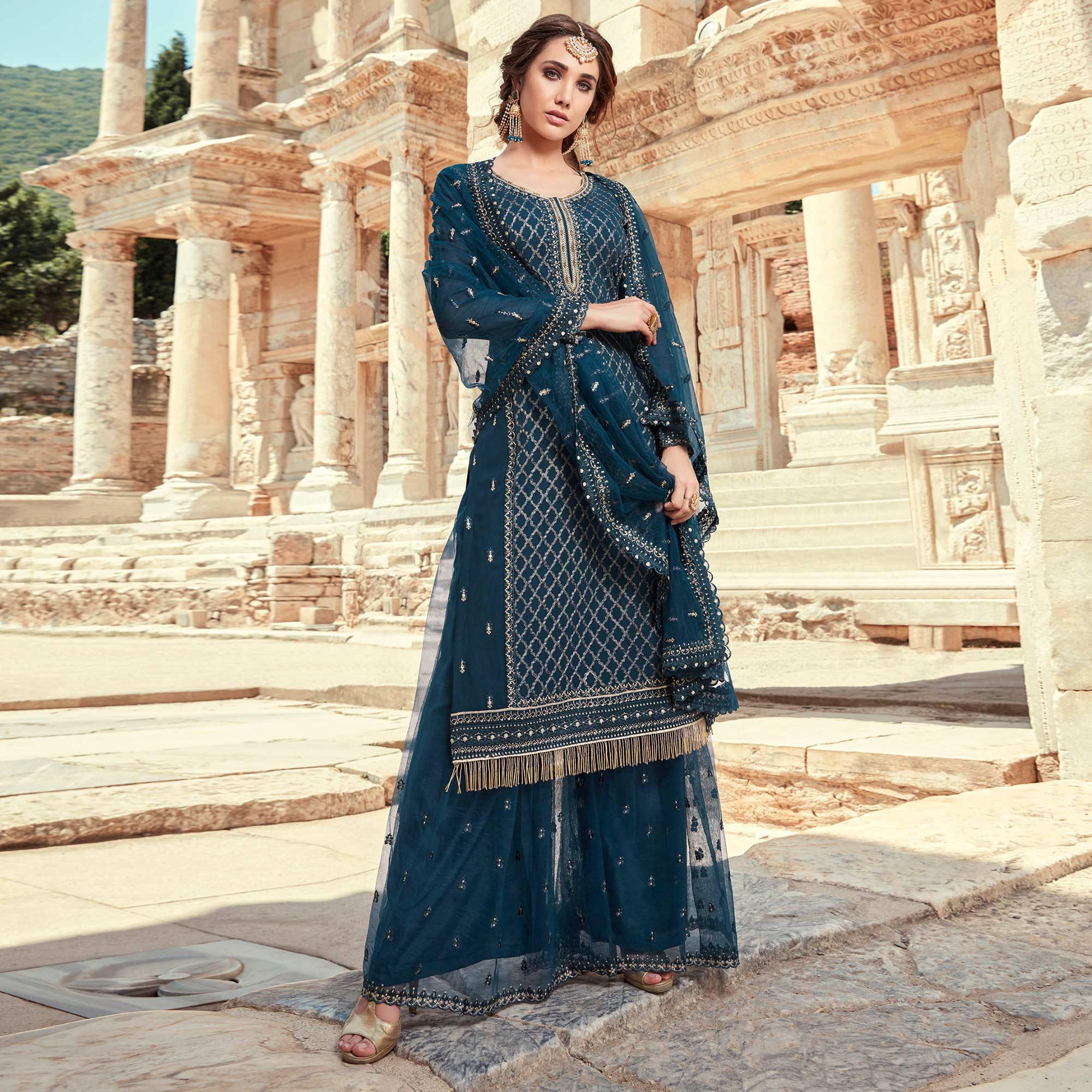 Festive Wear Aqua Blue Designer with Embroidery Work Faux Georgette Palazzo Suit - Peachmode
