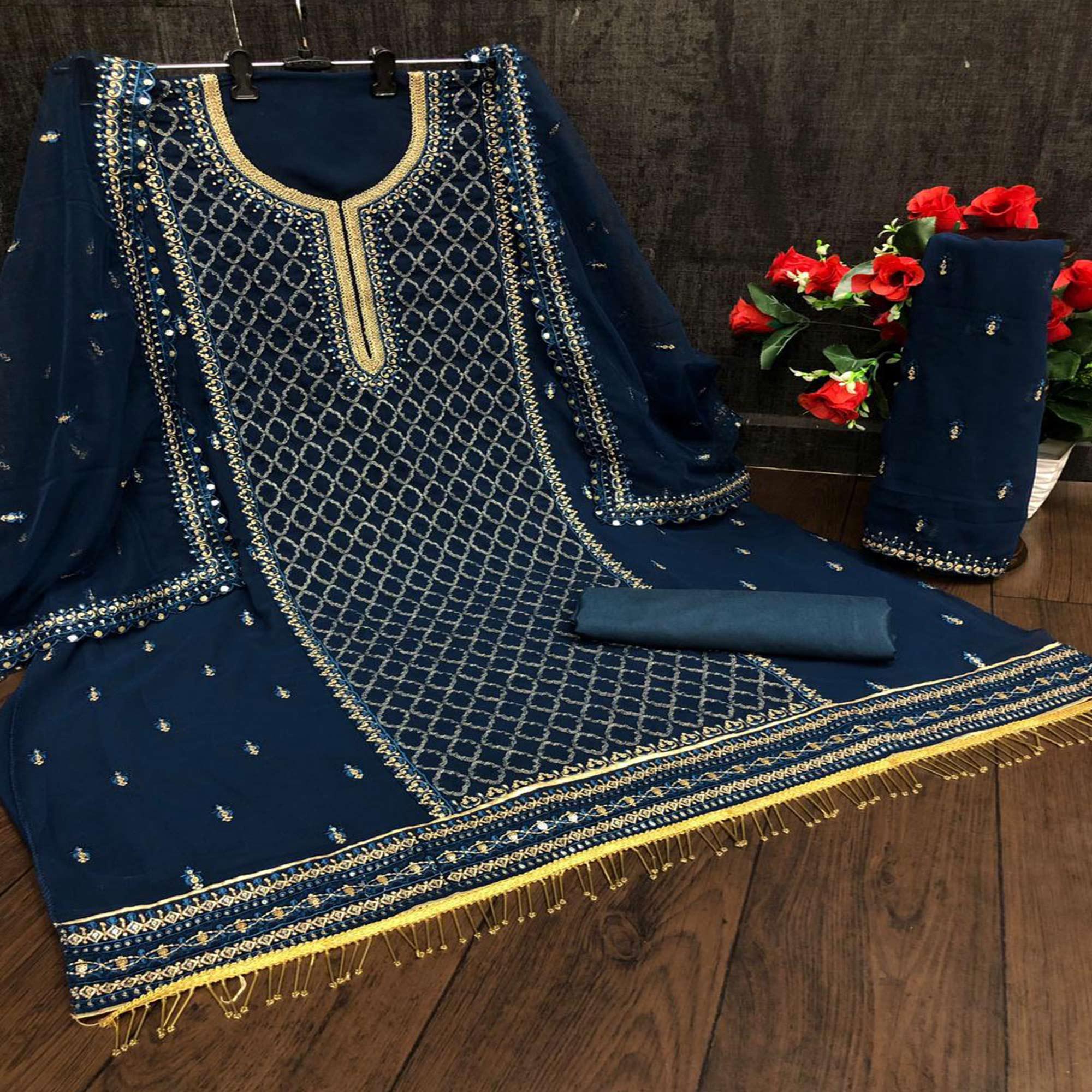 Festive Wear Aqua Blue Designer with Embroidery Work Faux Georgette Palazzo Suit - Peachmode