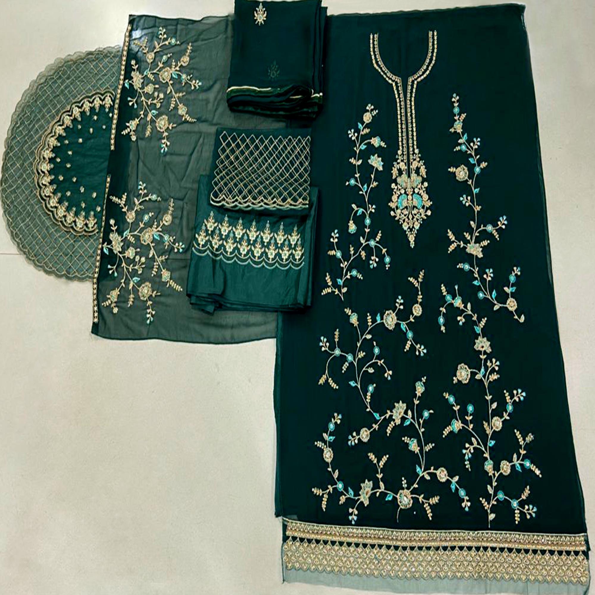 Festive Wear Green Floral Embroidery work Faux Georgette Straight Cut palazzo Suit - Peachmode