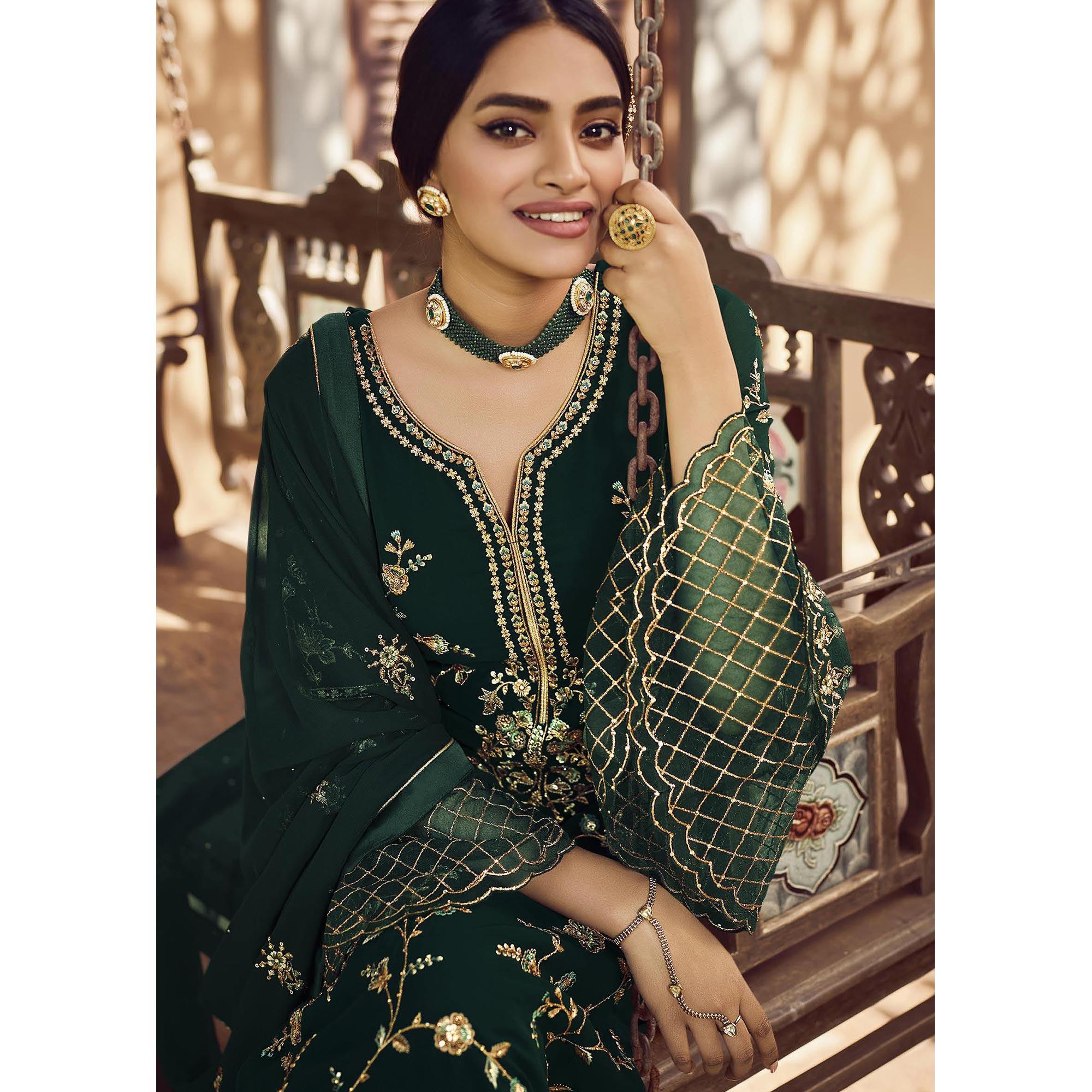 Festive Wear Green Floral Embroidery work Faux Georgette Straight Cut palazzo Suit - Peachmode
