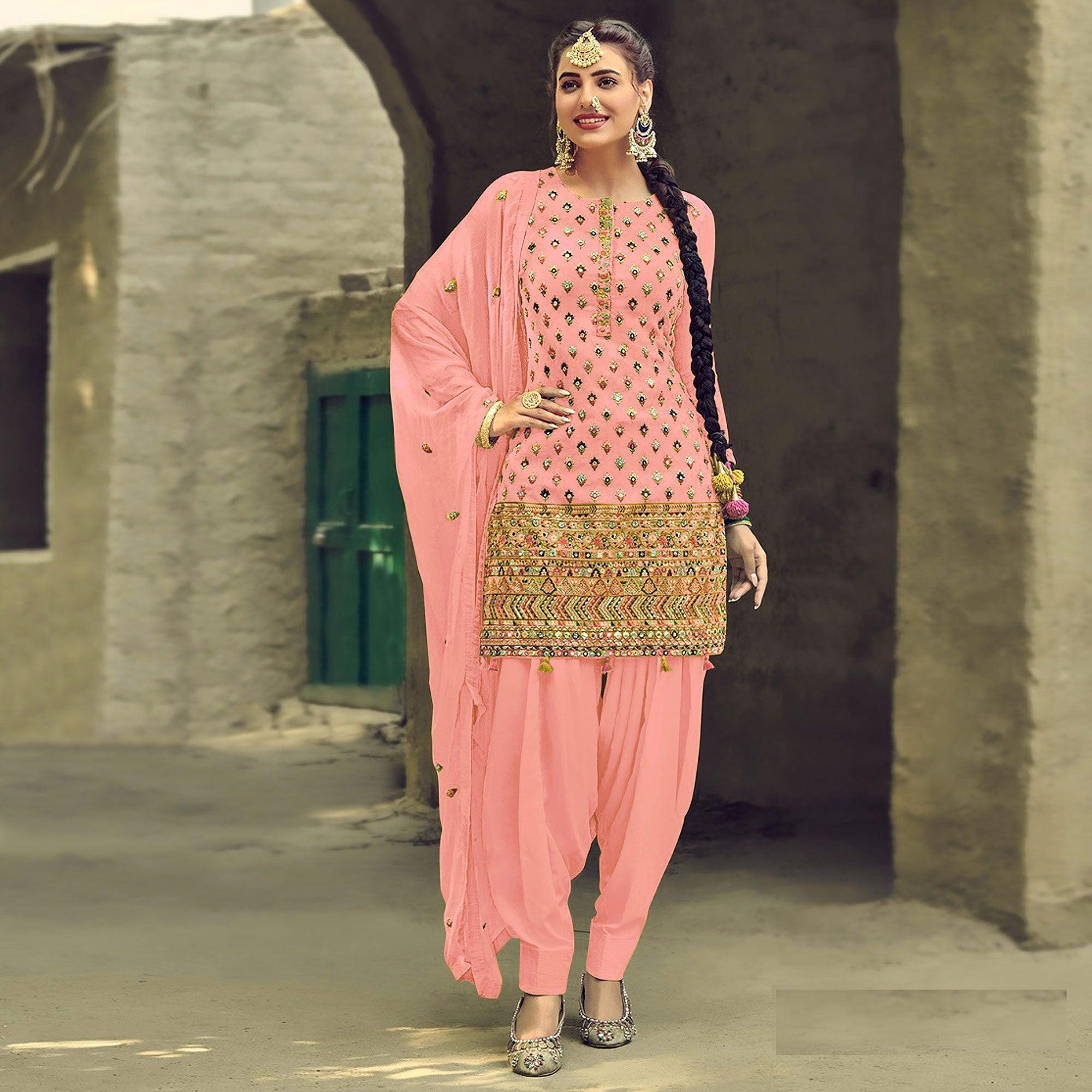 Festive Wear Light Pink Sequence Embroidery Work Faux Georgette Patiala Suit - Peachmode