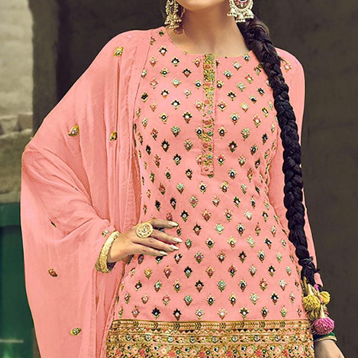 Festive Wear Light Pink Sequence Embroidery Work Faux Georgette Patiala Suit - Peachmode