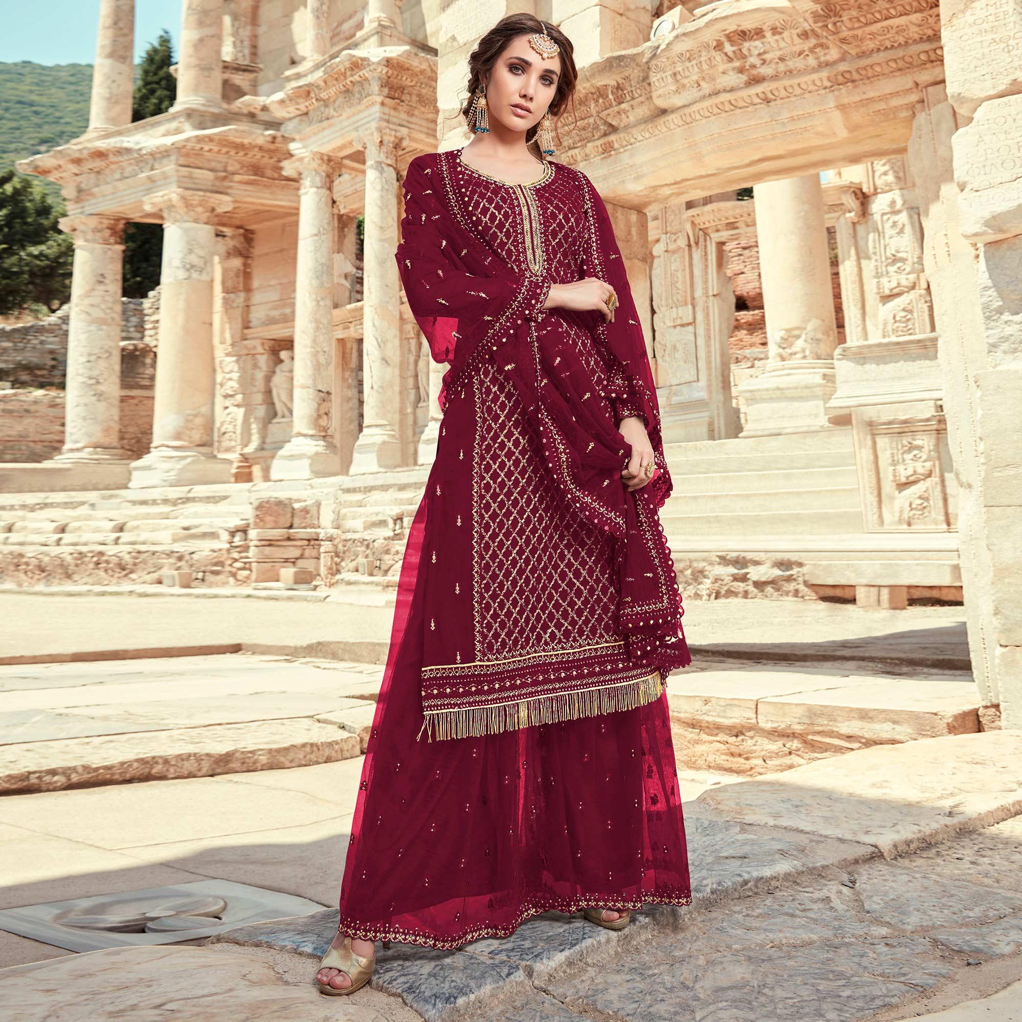 Festive Wear Maroon Designer with Embroidery Work Faux Georgette Palazzo Suit - Peachmode