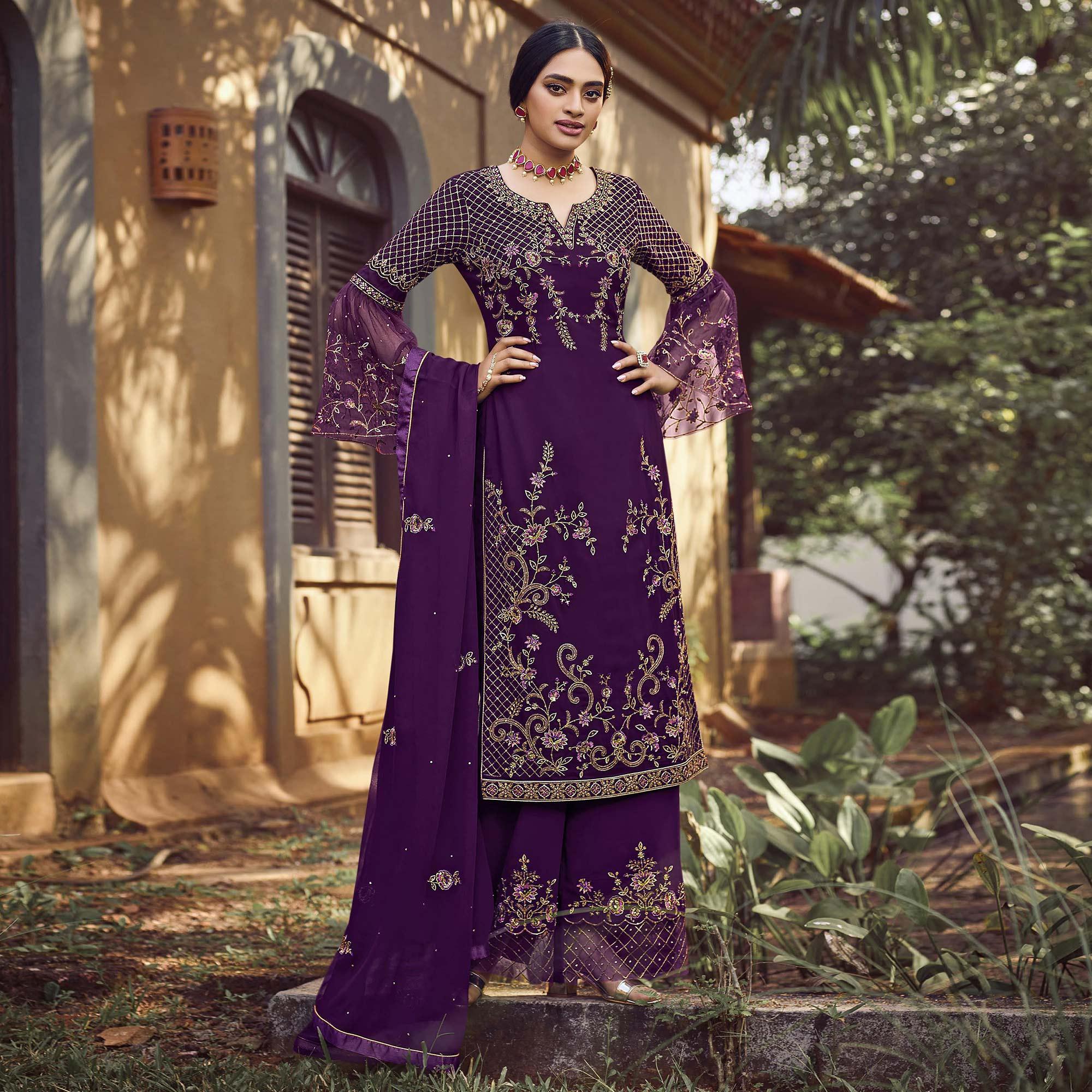 Festive Wear Purple Floral Embroidery work Faux Georgette Straight Cut palazzo Suit - Peachmode