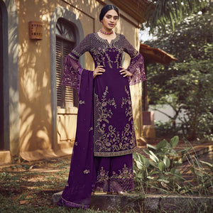 Festive Wear Purple Floral Embroidery work Faux Georgette Straight Cut palazzo Suit - Peachmode