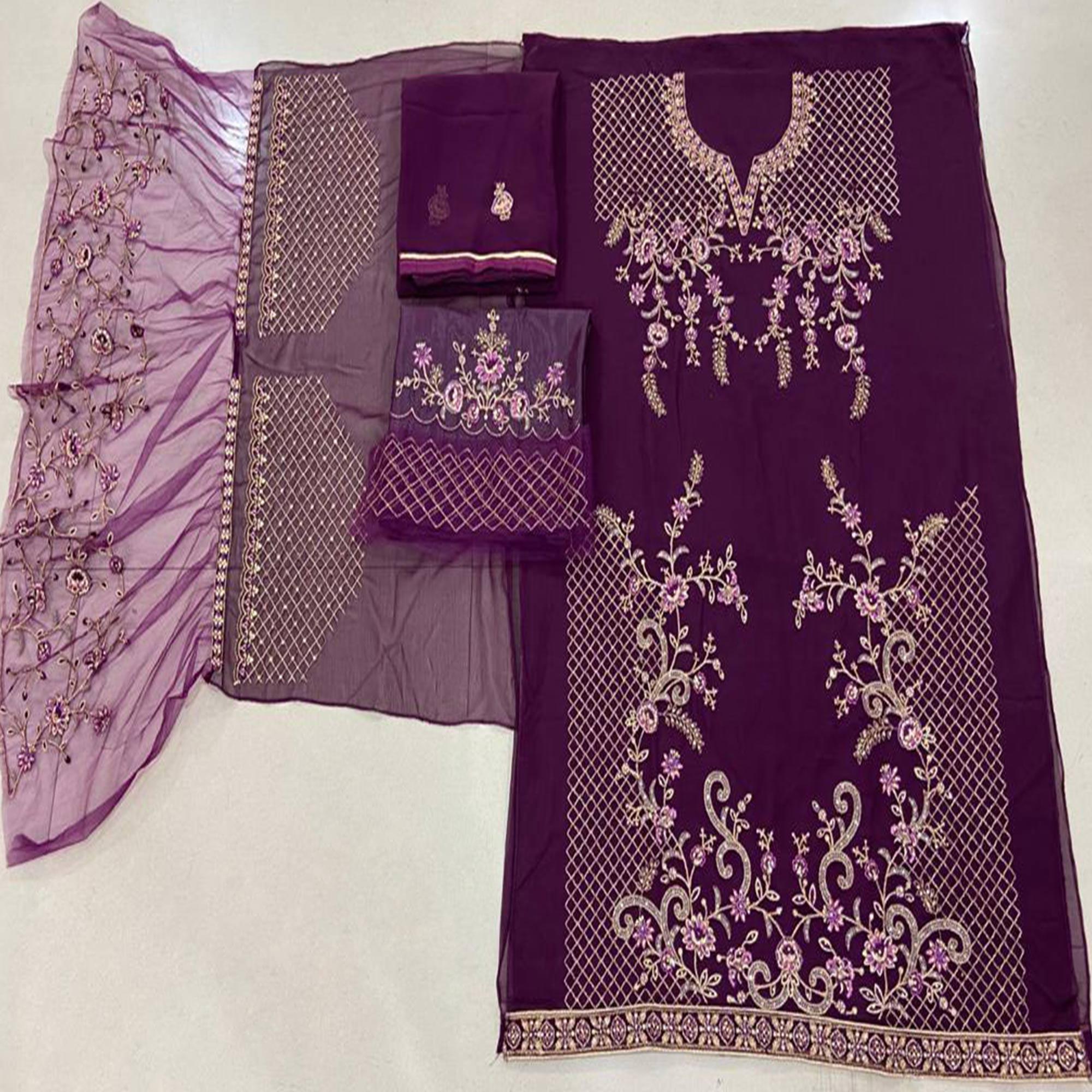 Festive Wear Purple Floral Embroidery work Faux Georgette Straight Cut palazzo Suit - Peachmode