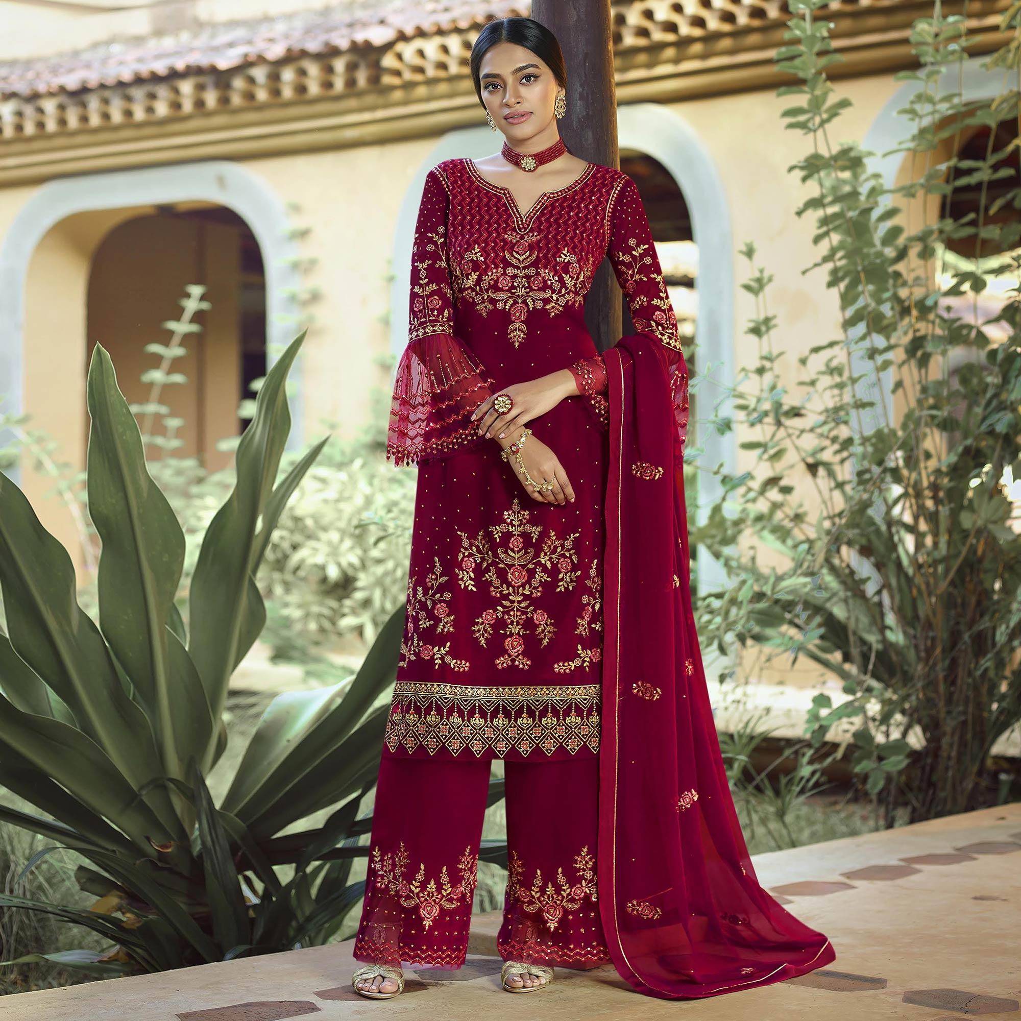Festive Wear Red Floral Embroidery work Faux Georgette Straight Cut palazzo Suit - Peachmode