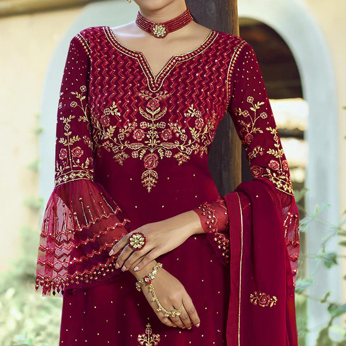 Festive Wear Red Floral Embroidery work Faux Georgette Straight Cut palazzo Suit - Peachmode