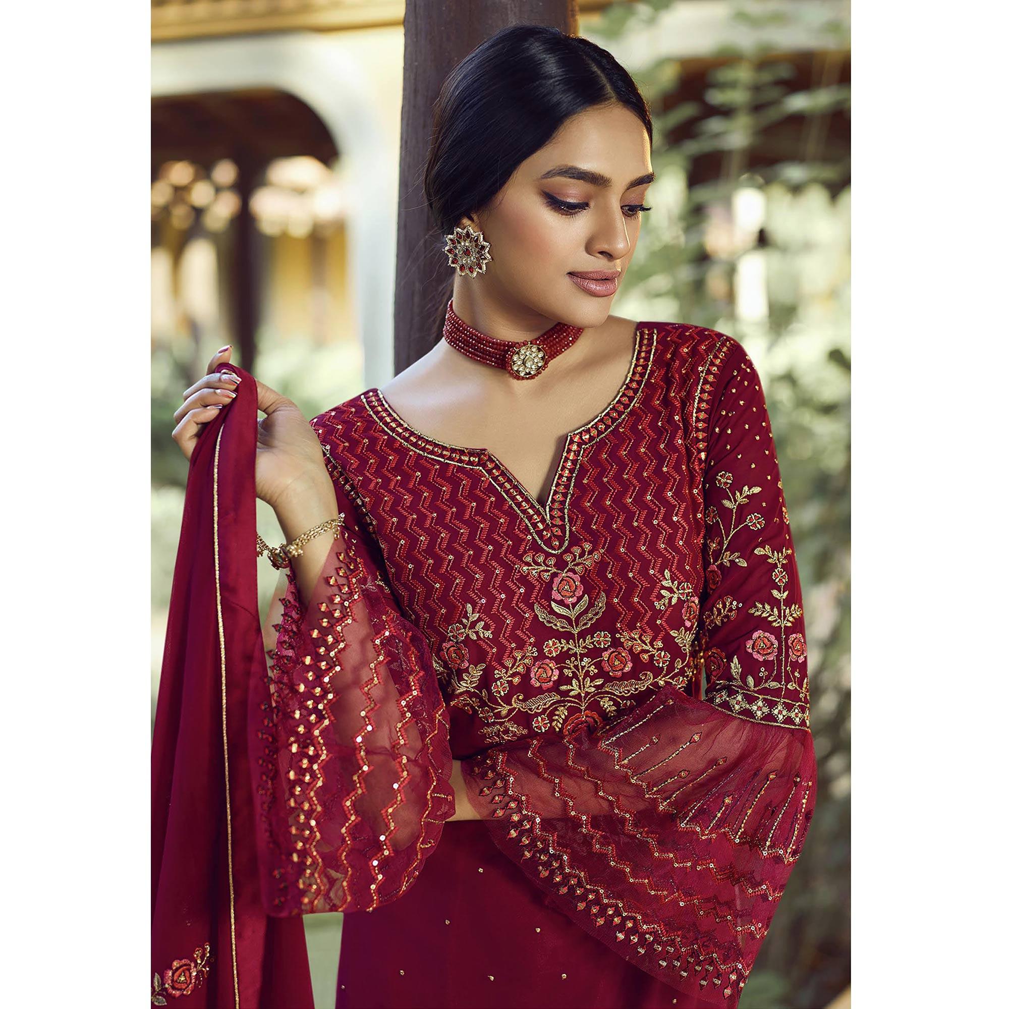 Festive Wear Red Floral Embroidery work Faux Georgette Straight Cut palazzo Suit - Peachmode