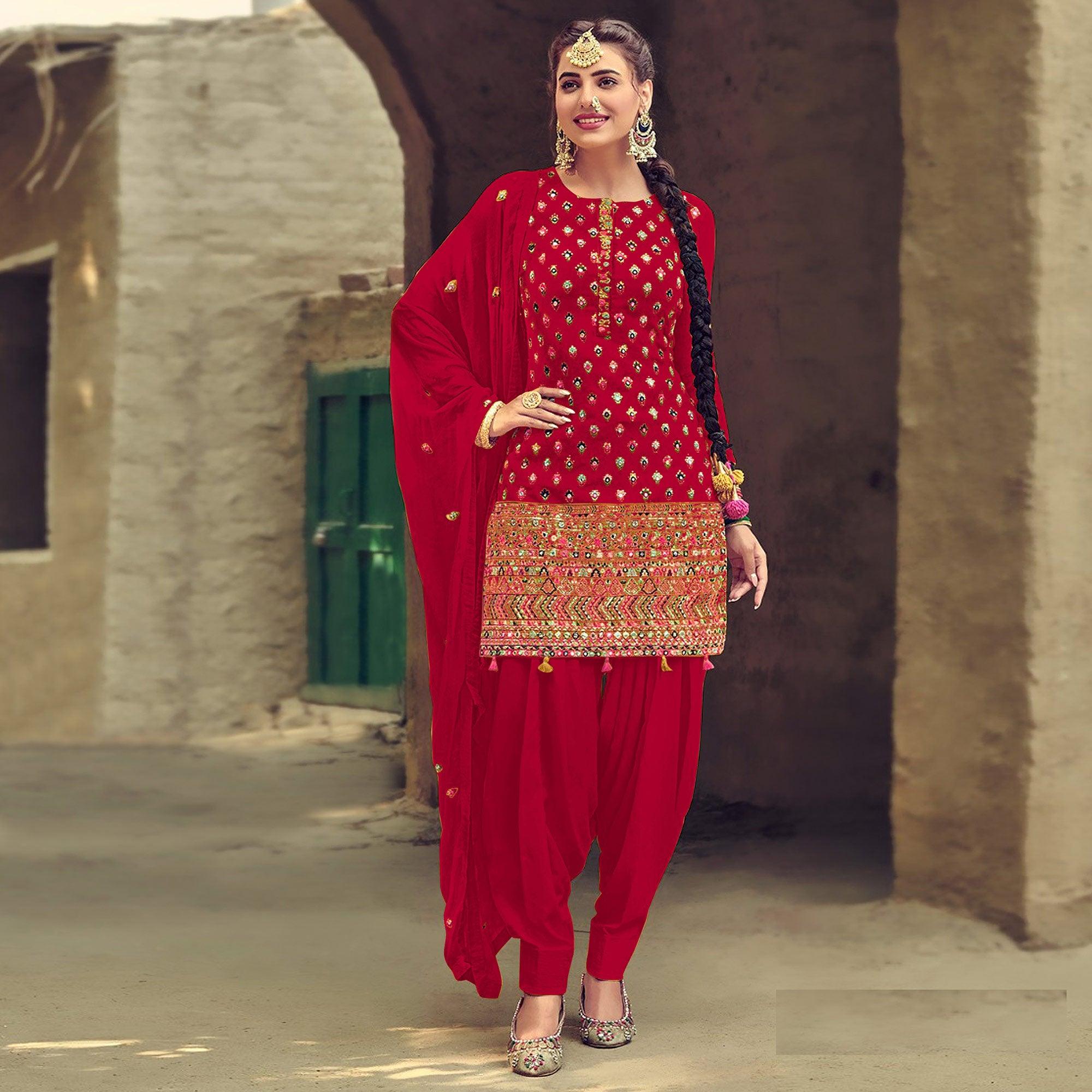 Festive Wear Red Sequence Embroidery Work Faux Georgette Patiala Suit - Peachmode