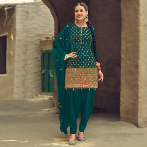 Festive Wear Sea Green Sequence Embroidery Work Faux Georgette Patiala Suit - Peachmode