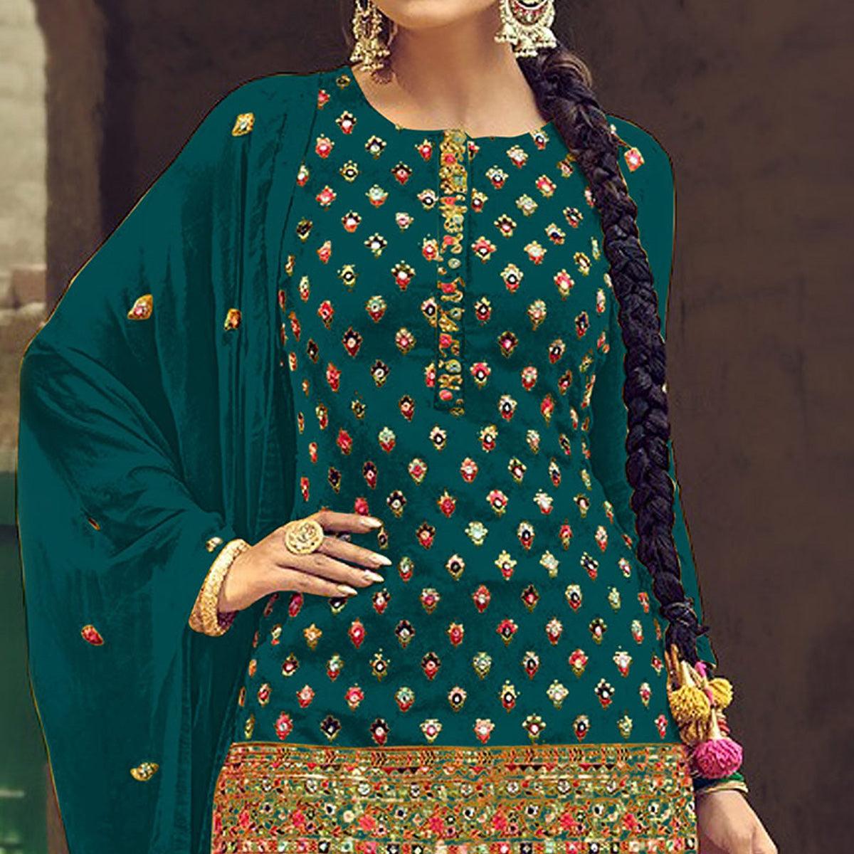 Festive Wear Sea Green Sequence Embroidery Work Faux Georgette Patiala Suit - Peachmode