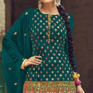 Festive Wear Sea Green Sequence Embroidery Work Faux Georgette Patiala Suit - Peachmode