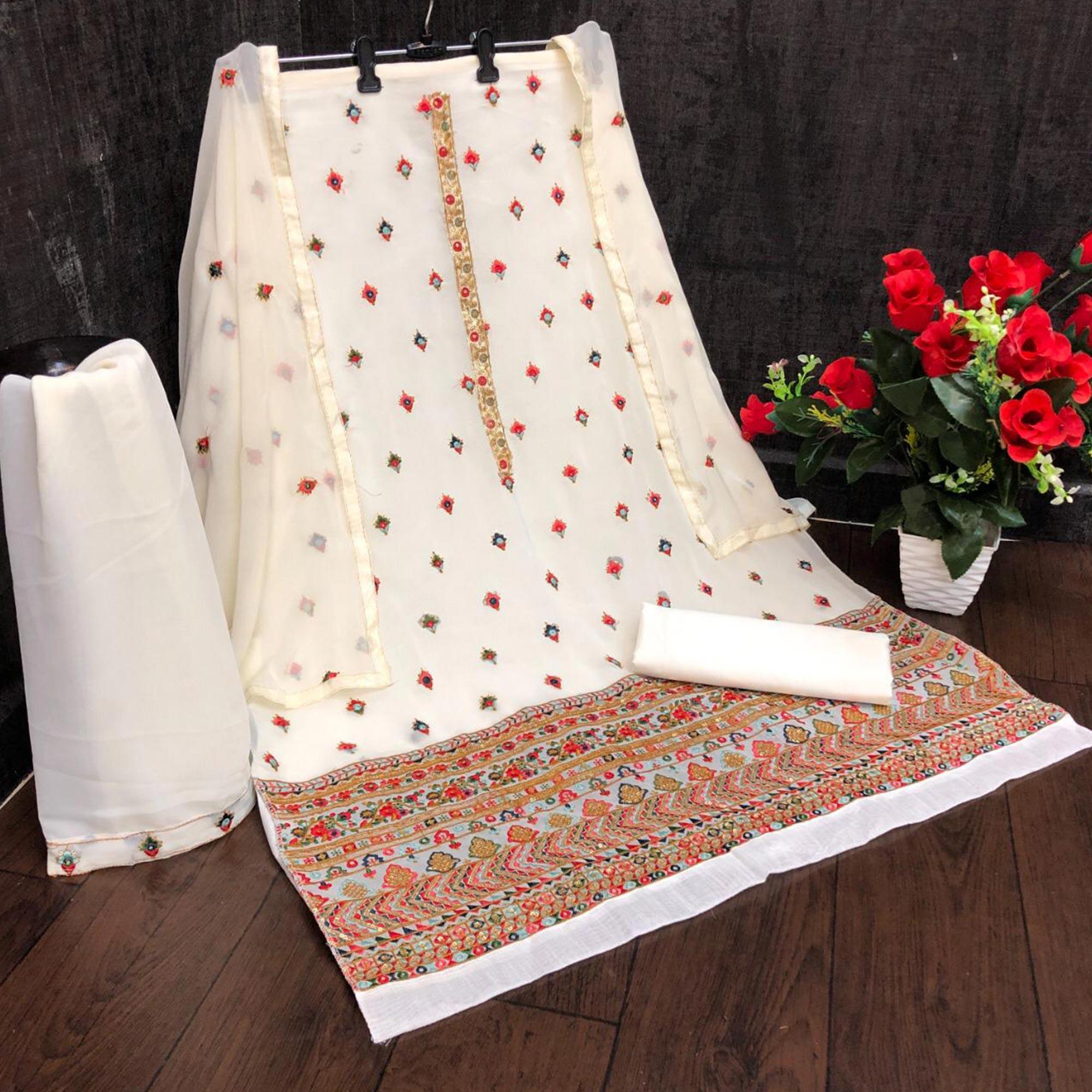 Festive Wear White Sequence Embroidery Work Faux Georgette Patiala Suit - Peachmode