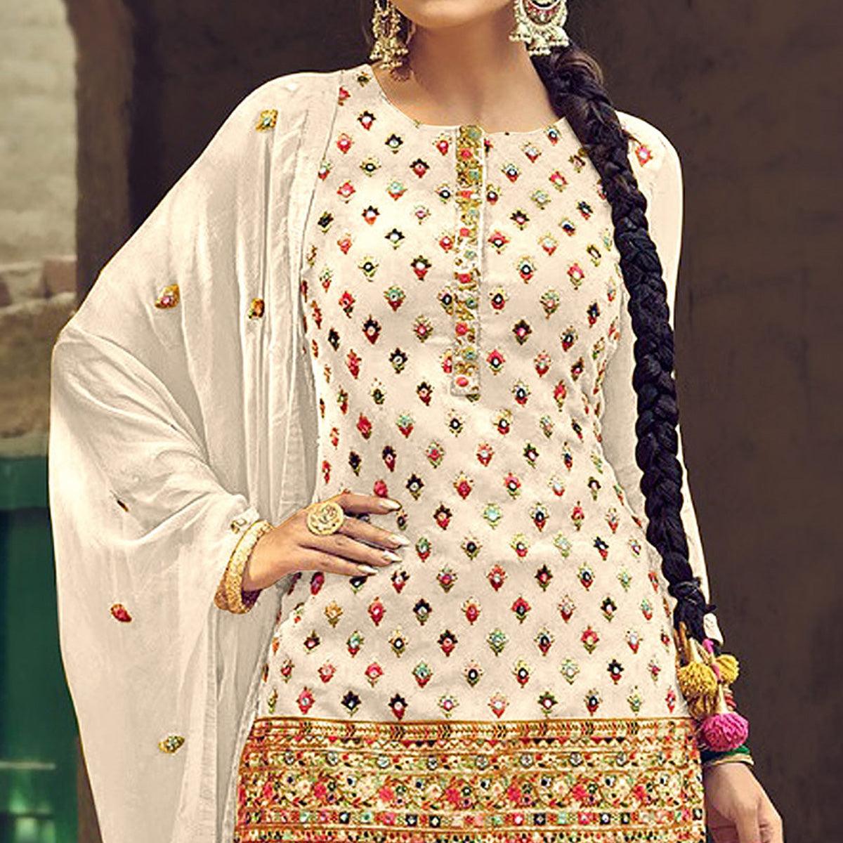 Festive Wear White Sequence Embroidery Work Faux Georgette Patiala Suit - Peachmode