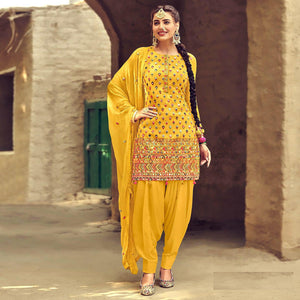 Festive Wear Yellow Sequence Embroidery Work Faux Georgette Patiala Suit - Peachmode