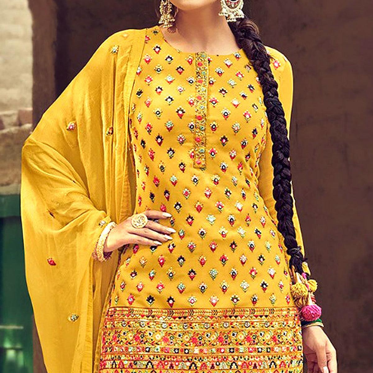 Festive Wear Yellow Sequence Embroidery Work Faux Georgette Patiala Suit - Peachmode
