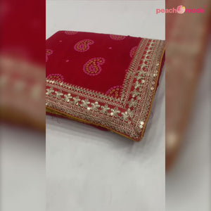 Red Bandhani Printed With Sequins Vichitra Silk Saree