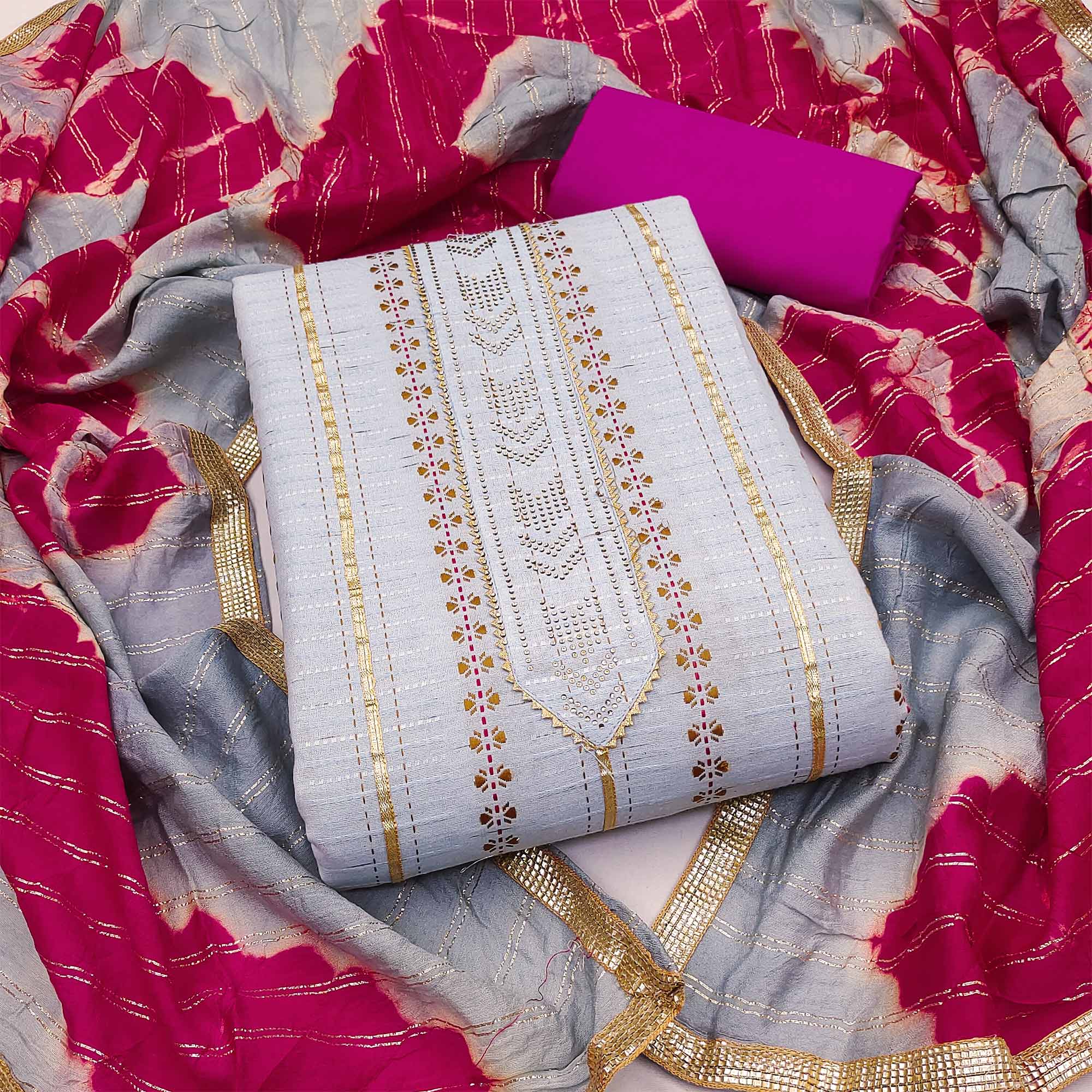 Grey Printed Cotton Blend Dress Material